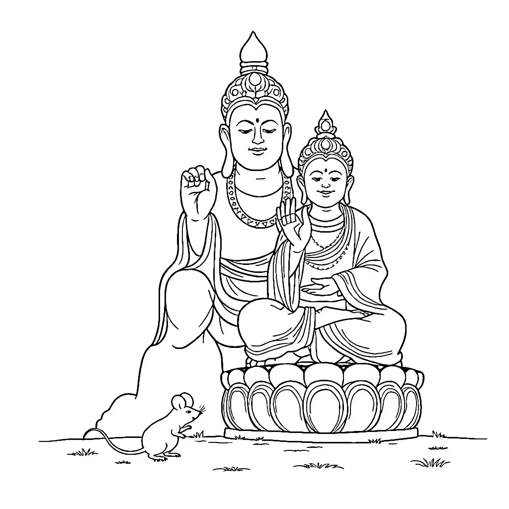 Mouse seated with Buddha and Bodhisattva in peaceful meditation Coloring Page (free black-and-white line drawing printable PDF for all, from beginners to advanced learners, including children, teens, adults, and seniors)