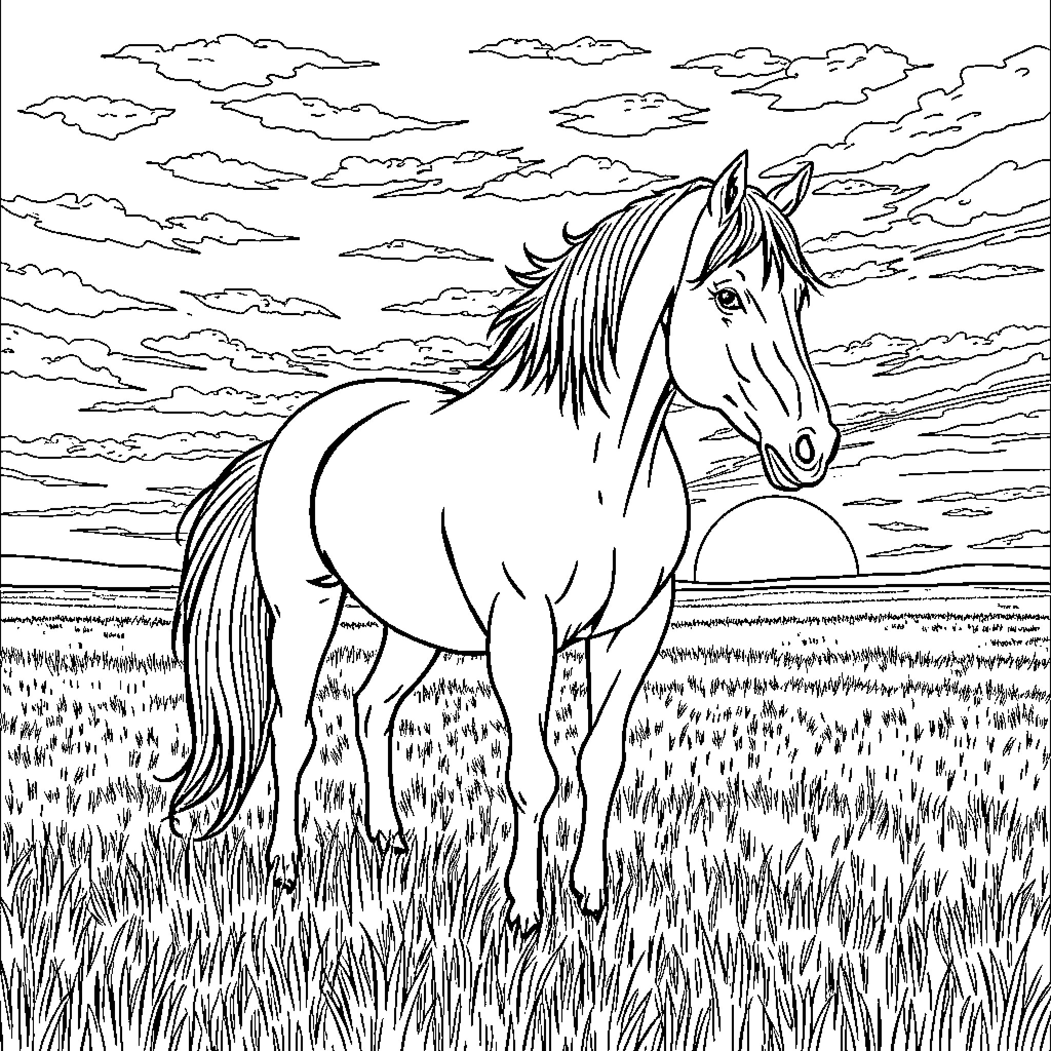 Horse standing proudly in the grassy field Coloring Page (free black-and-white line drawing printable PDF for all, from beginners to advanced learners, including children, teens, adults, and seniors)
