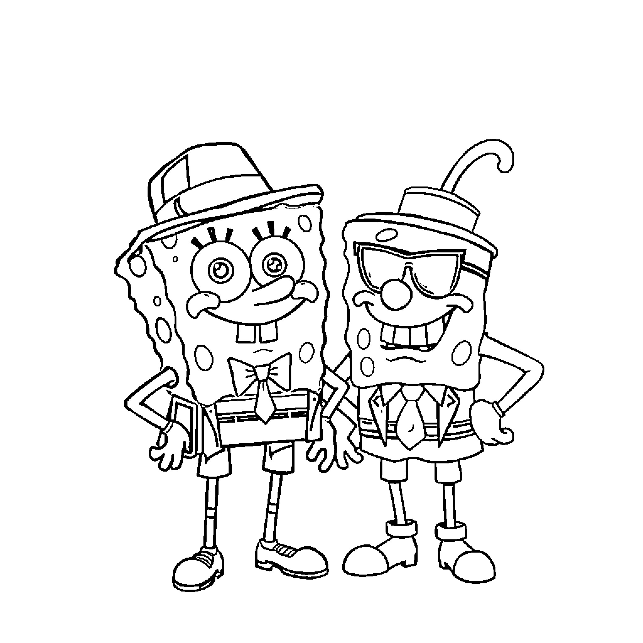 Spongebob and Patrick dressed up in comical outfits Coloring Page (free black-and-white line drawing printable PDF for all, from beginners to advanced learners, including children, teens, adults, and seniors)