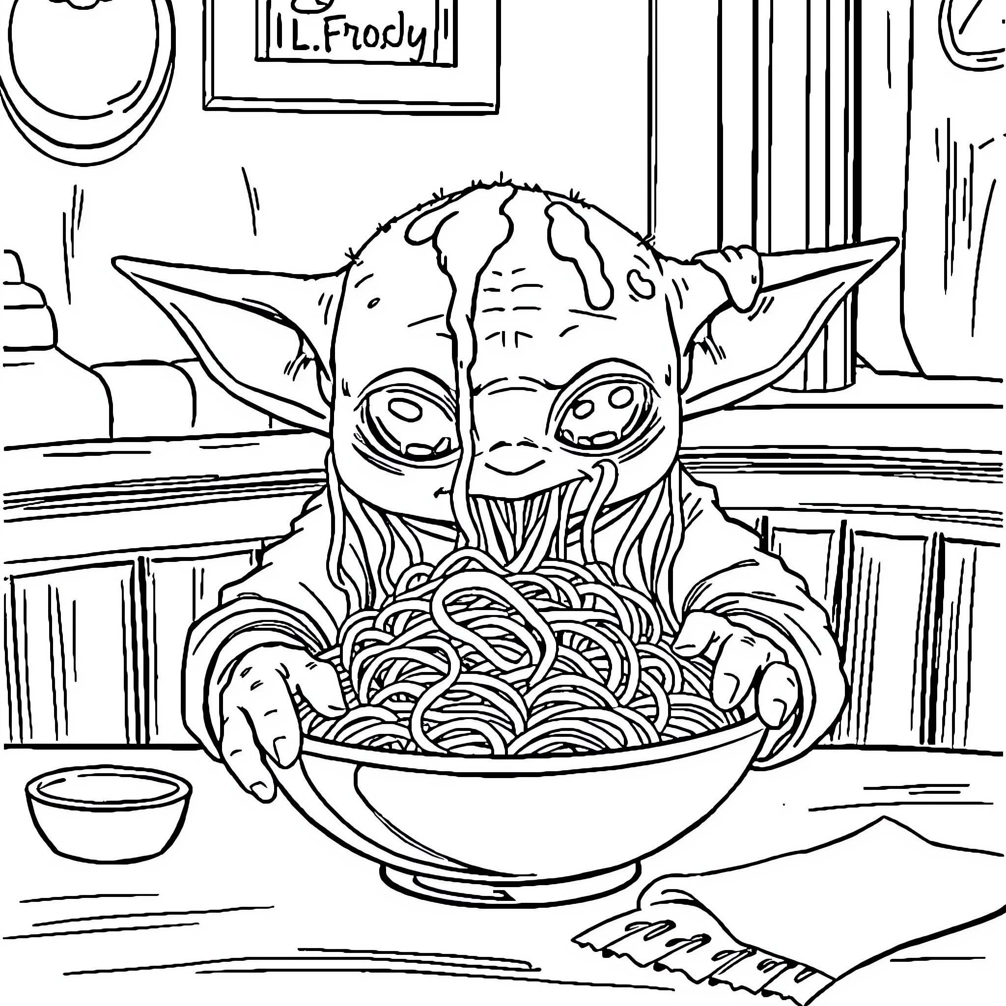 Grogu enjoying a hearty meal Coloring Page (free black-and-white line drawing printable PDF for all, from beginners to advanced learners, including children, teens, adults, and seniors)