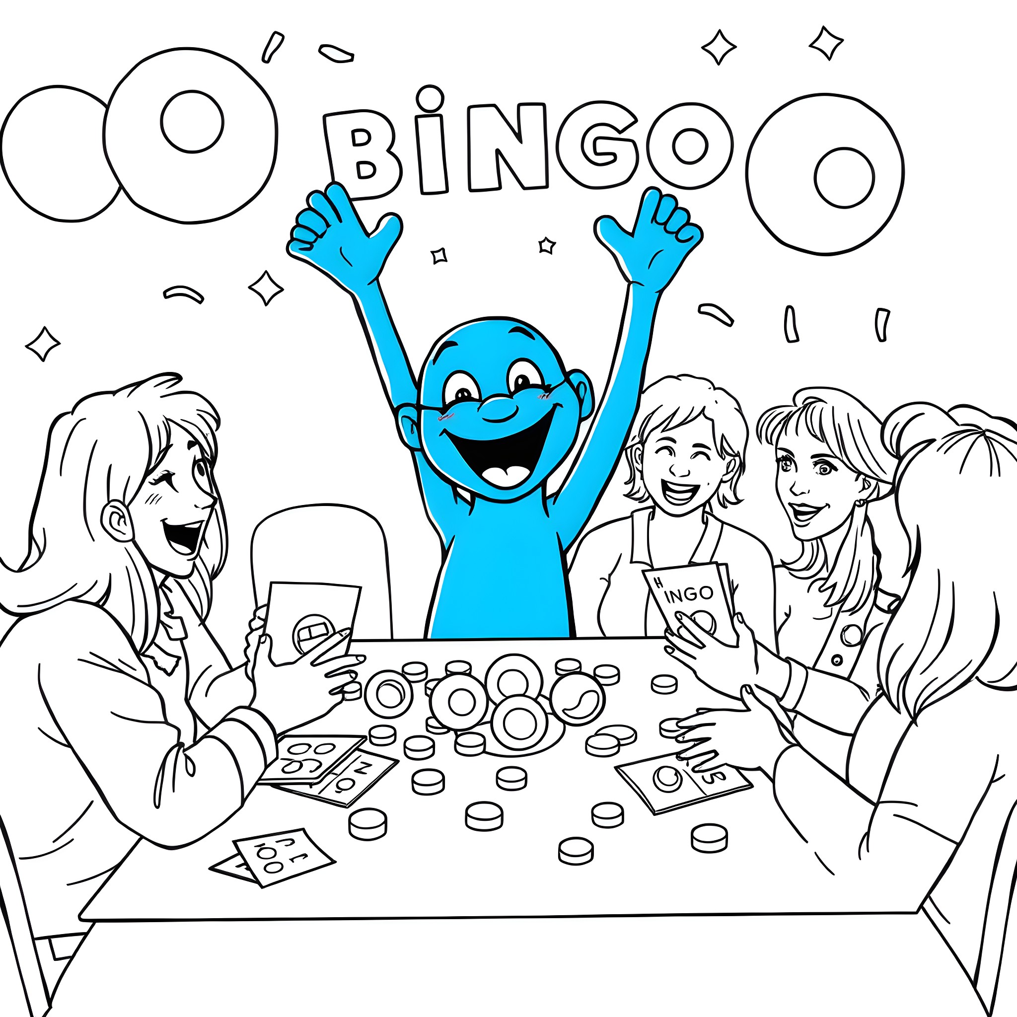 Blue friends celebrate Bingo win with excitement Coloring Page (free black-and-white line drawing printable PDF for all, from beginners to advanced learners, including children, teens, adults, and seniors)