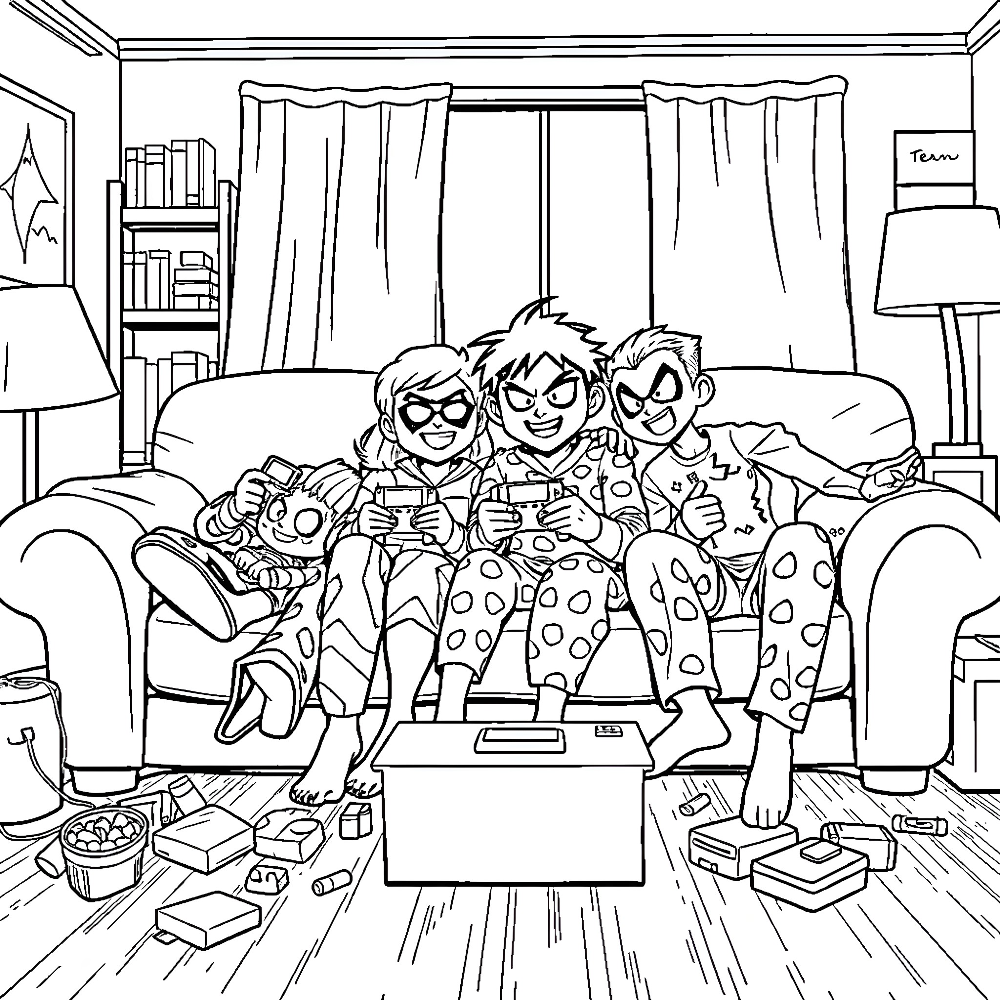 Teen Titans Game Night in Cozy Living Room Coloring Page (free black-and-white line drawing printable PDF for all, from beginners to advanced learners, including children, teens, adults, and seniors)