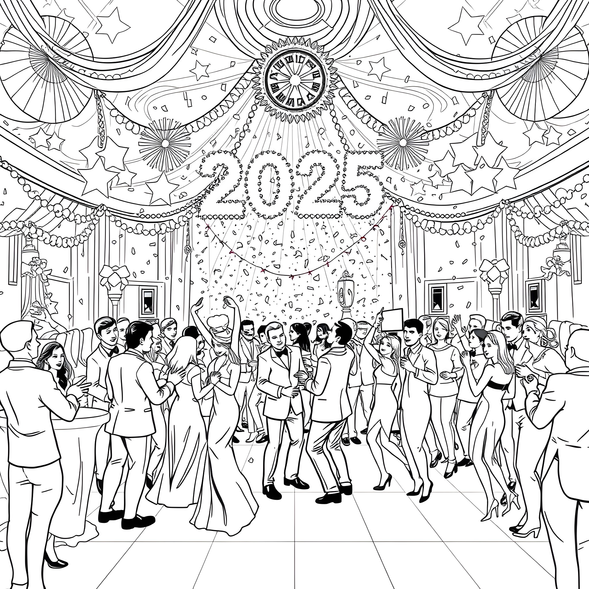 New Year Celebration with Festive Decorations and Crowds Coloring Page (free black-and-white line drawing printable PDF for all, from beginners to advanced learners, including children, teens, adults, and seniors)