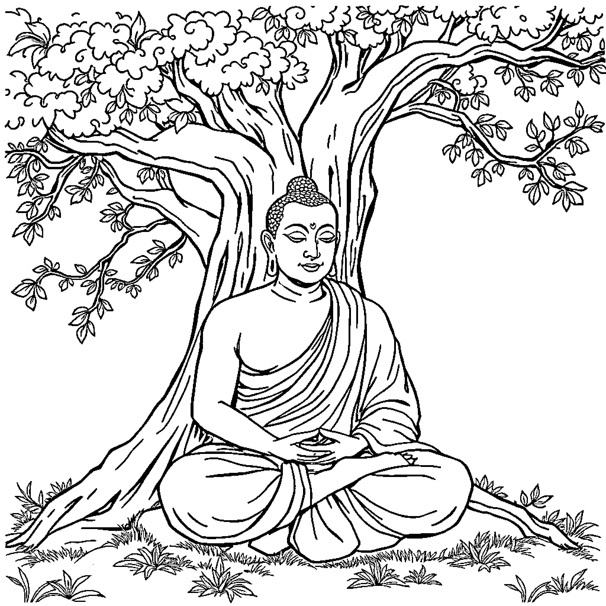 Siddhartha's Enlightenment Under the Bodhi Tree Coloring Page (free black-and-white line drawing printable PDF for all, from beginners to advanced learners, including children, teens, adults, and seniors)