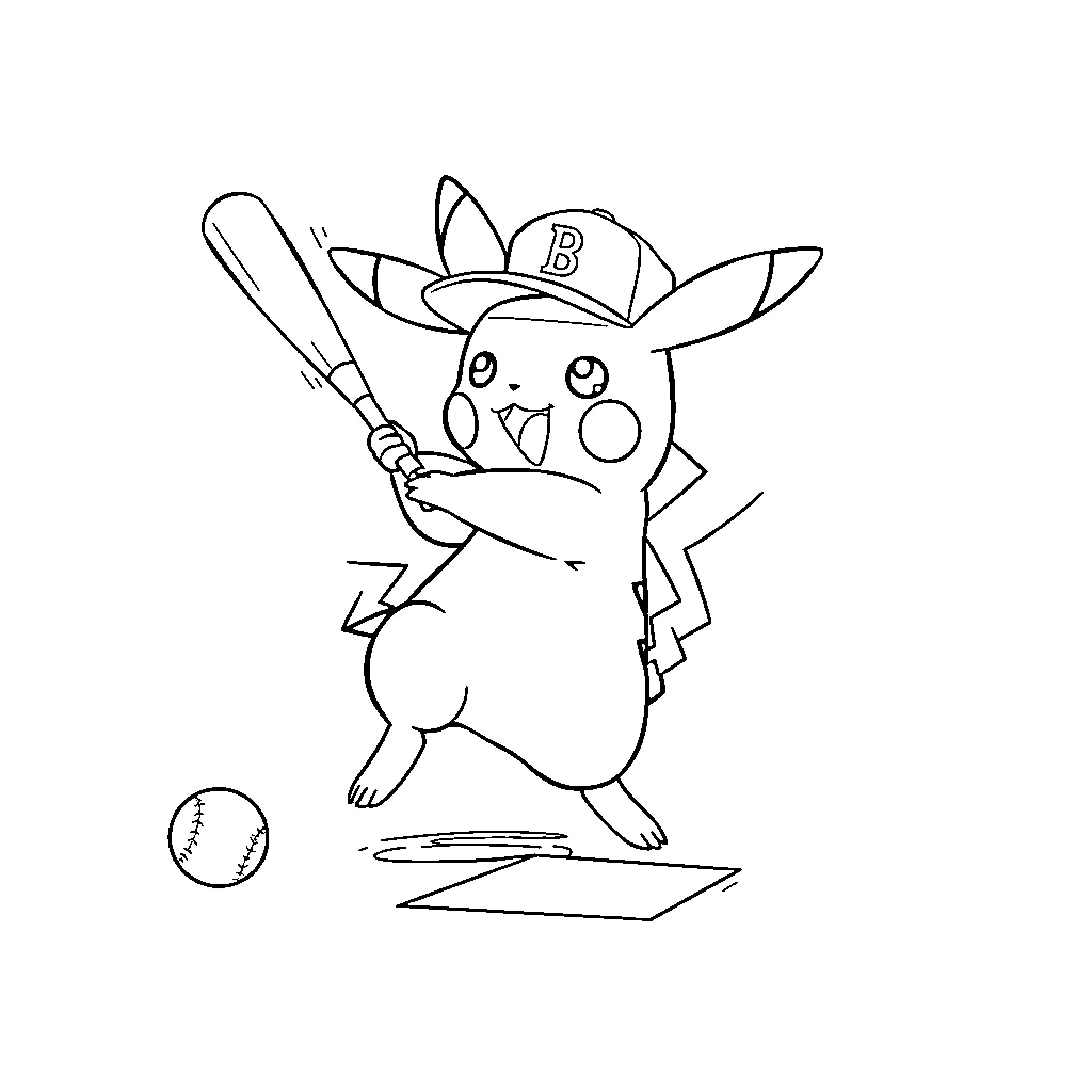Pikachu Playing Baseball with Enthusiasm Coloring Page (free black-and-white line drawing printable PDF for all, from beginners to advanced learners, including children, teens, adults, and seniors)