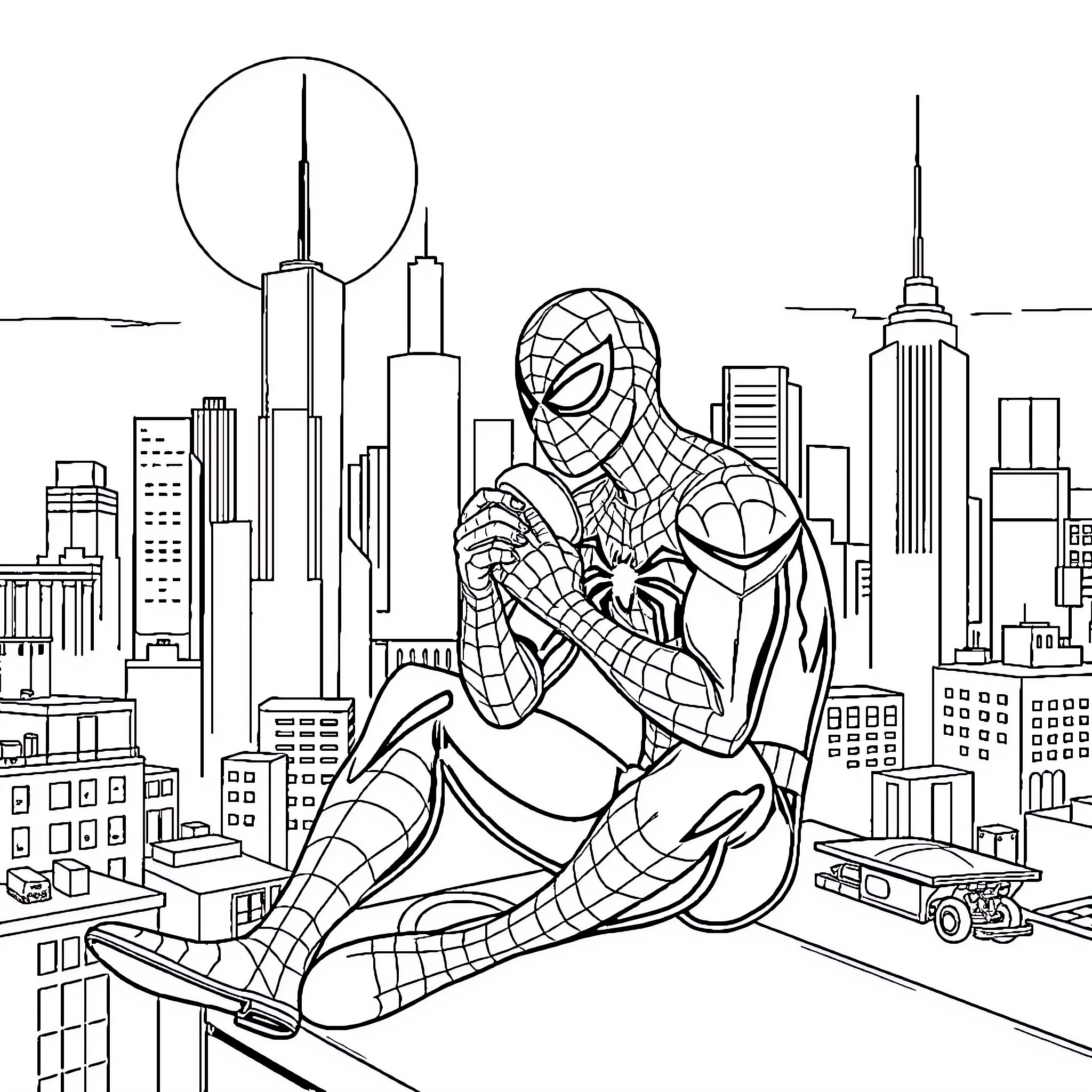 Spiderman swinging through the city skyline Coloring Page (free black-and-white line drawing printable PDF for all, from beginners to advanced learners, including children, teens, adults, and seniors)