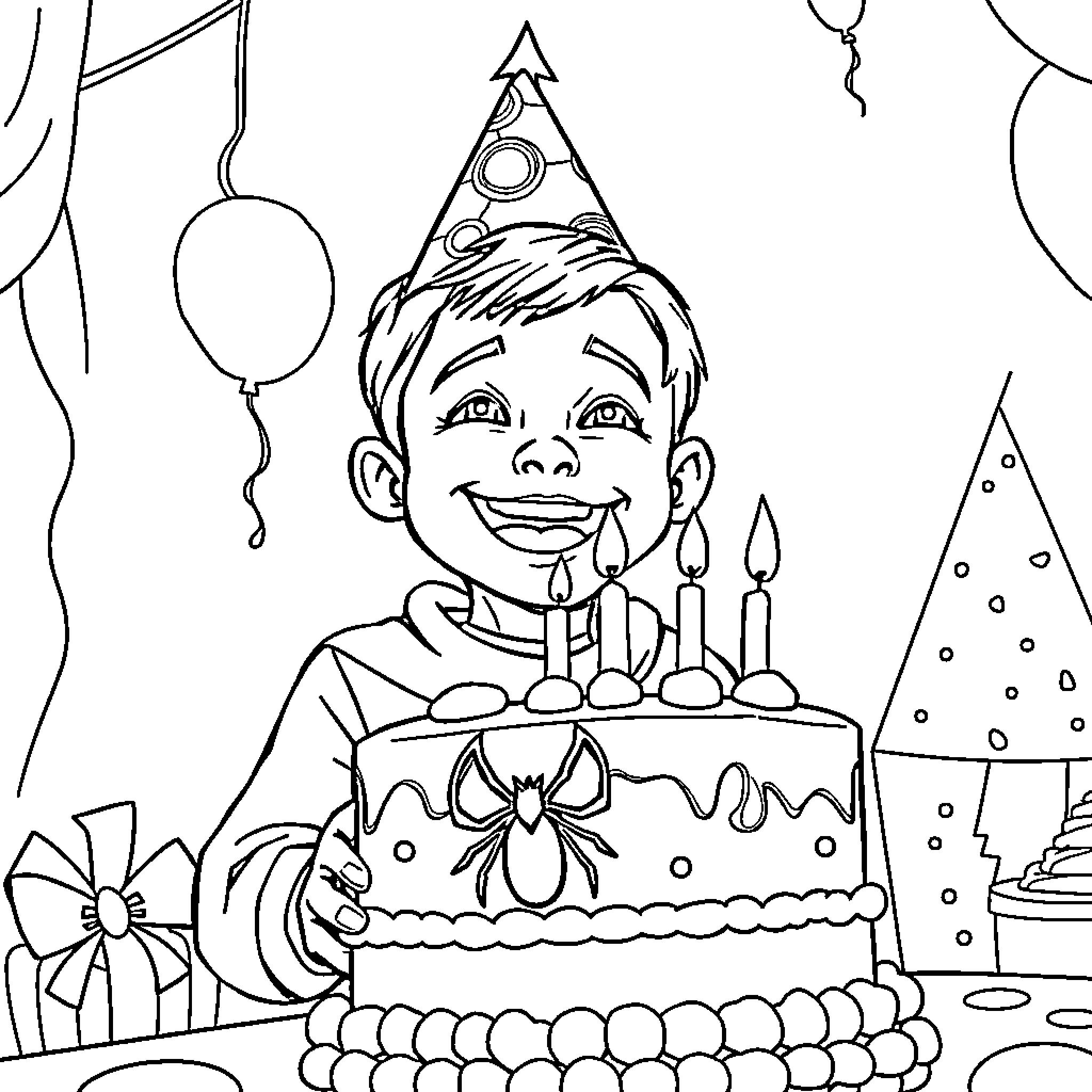 Boy celebrating with birthday cake and party decorations Coloring Page (free black-and-white line drawing printable PDF for all, from beginners to advanced learners, including children, teens, adults, and seniors)