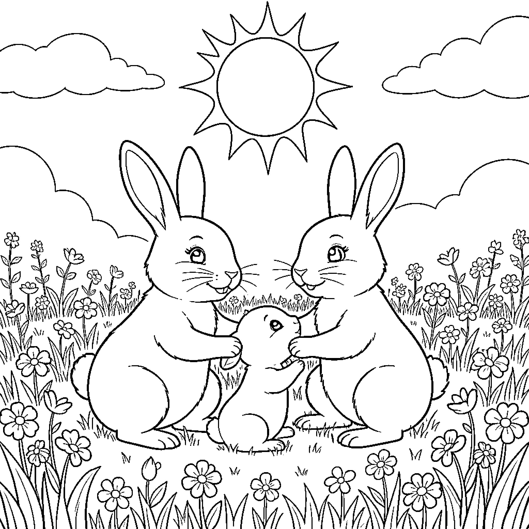 Lapin family cuddling together in a flower meadow Coloring Page (free black-and-white line drawing printable PDF for all, from beginners to advanced learners, including children, teens, adults, and seniors)