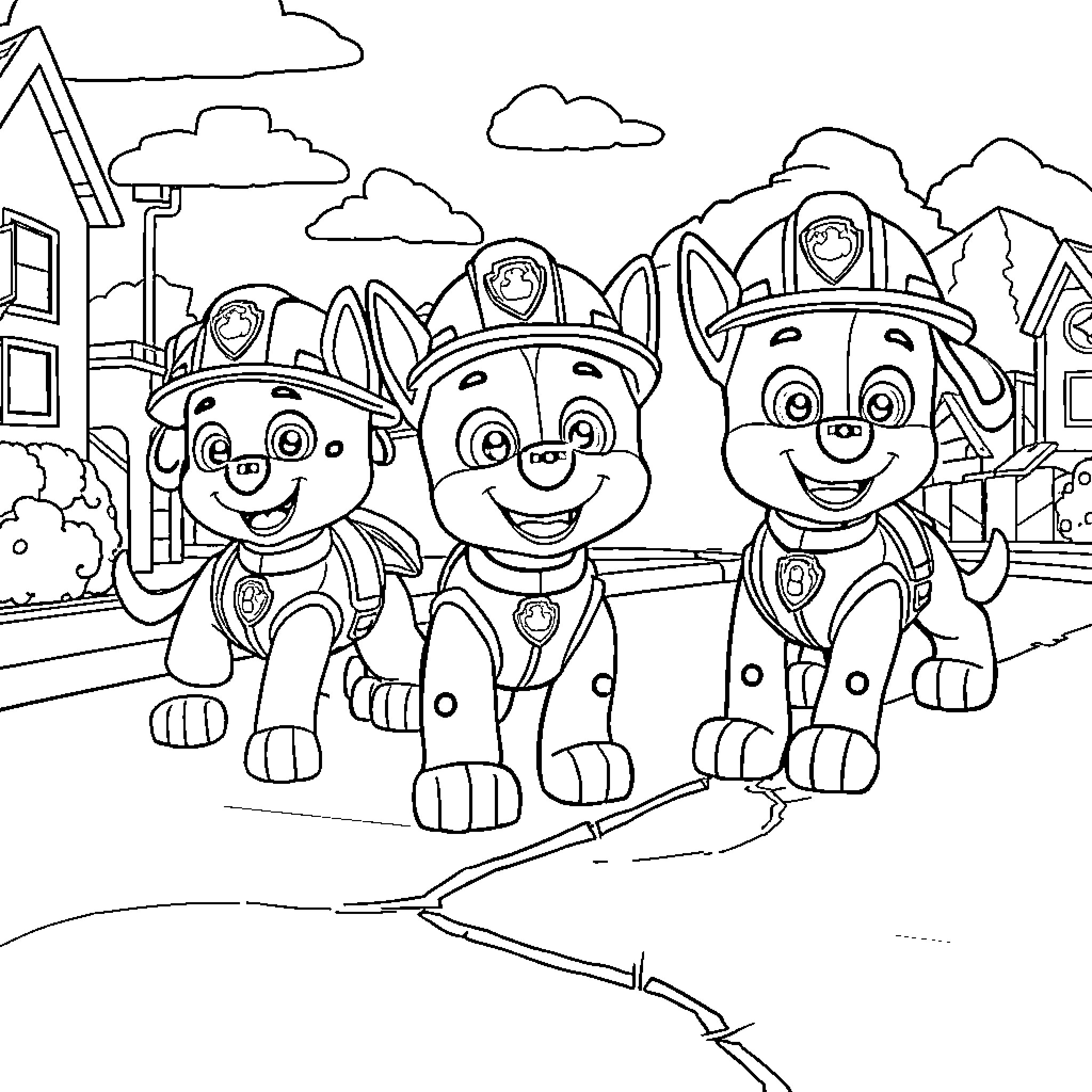 Paw Patrol characters in action posing together Coloring Page (free black-and-white line drawing printable PDF for all, from beginners to advanced learners, including children, teens, adults, and seniors)