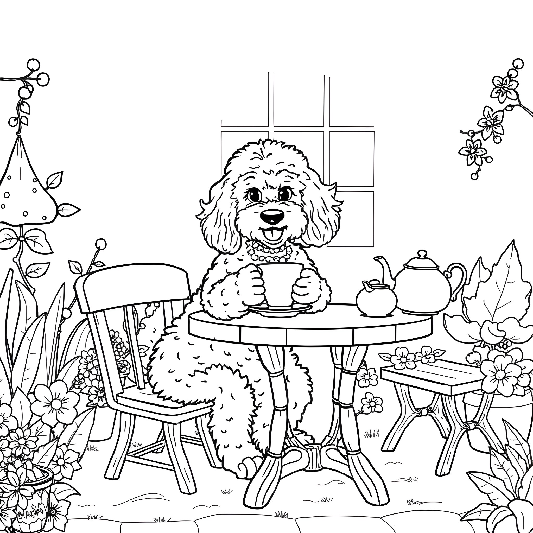 Groodle enjoys tea time in the garden Coloring Page (free black-and-white line drawing printable PDF for all, from beginners to advanced learners, including children, teens, adults, and seniors)
