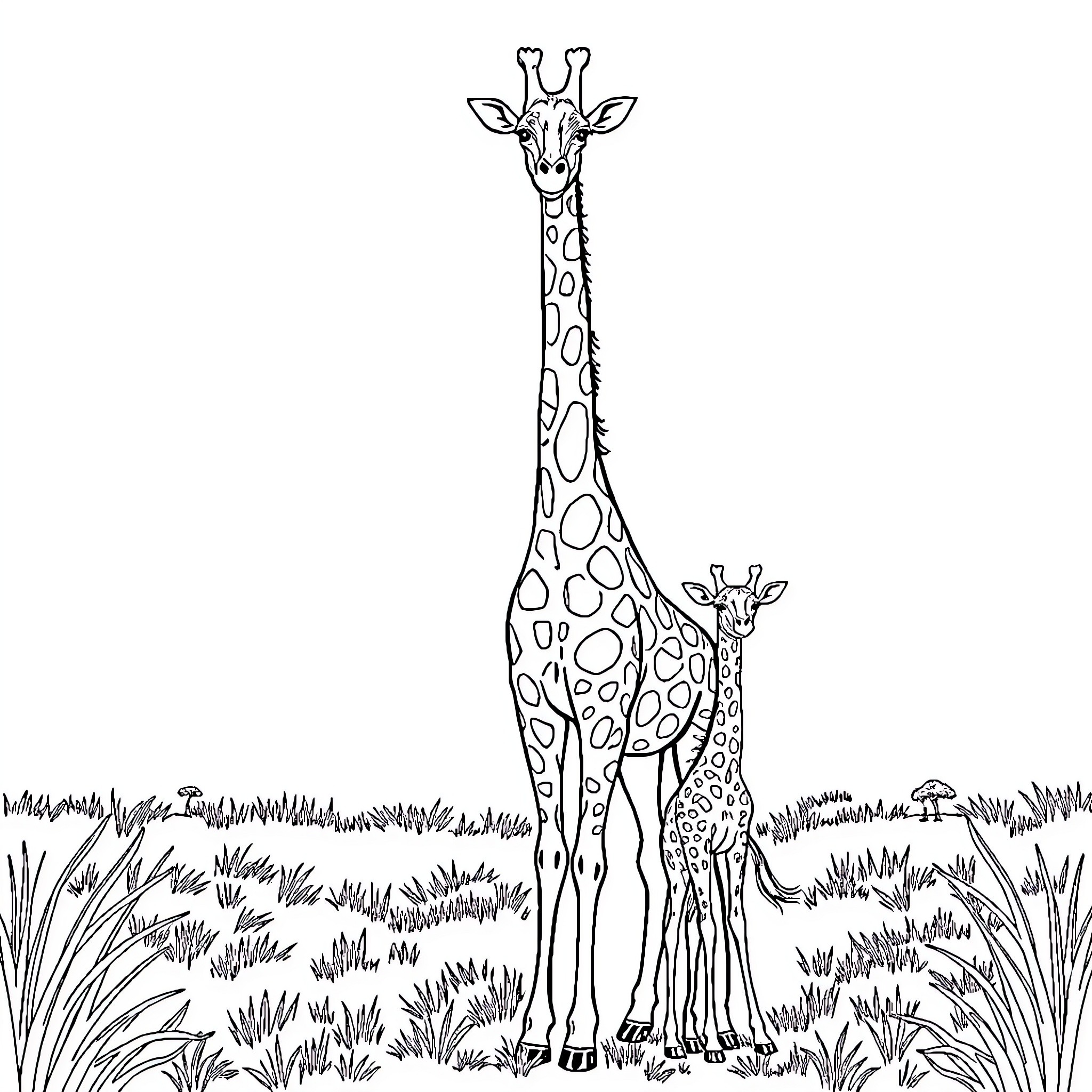 Giraffe standing tall in the grassland Coloring Page (free black-and-white line drawing printable PDF for all, from beginners to advanced learners, including children, teens, adults, and seniors)