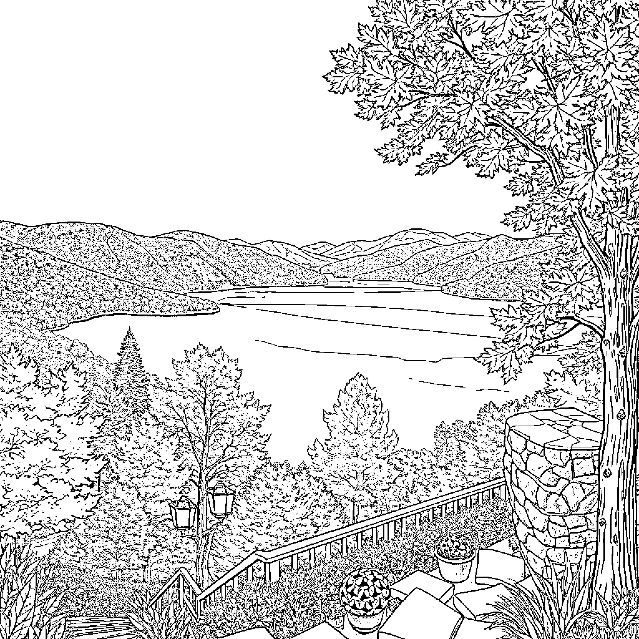 Lake scenery with bridge and autumn foliage Coloring Page (free black-and-white line drawing printable PDF for all, from beginners to advanced learners, including children, teens, adults, and seniors)