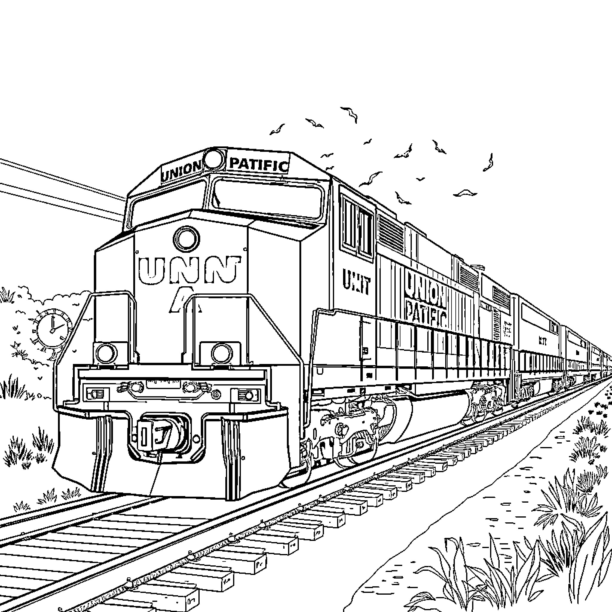 Locomotive transporting freight on railway tracks Coloring Page (free black-and-white line drawing printable PDF for all, from beginners to advanced learners, including children, teens, adults, and seniors)