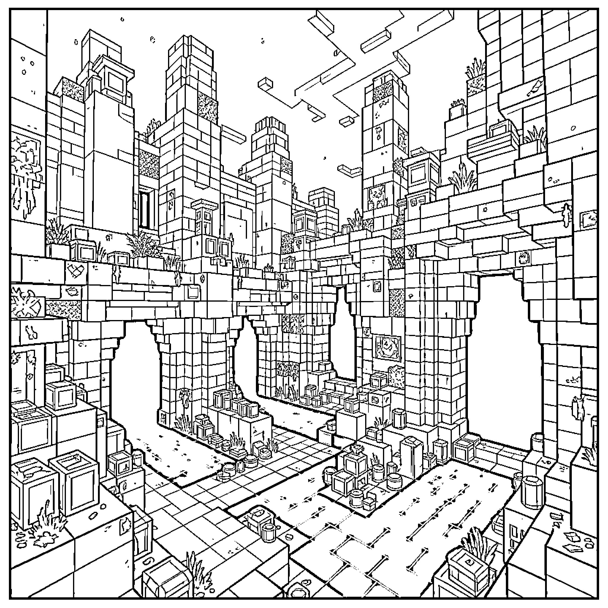 Ancient City of ruins with towering stone structures Coloring Page (free black-and-white line drawing printable PDF for all, from beginners to advanced learners, including children, teens, adults, and seniors)