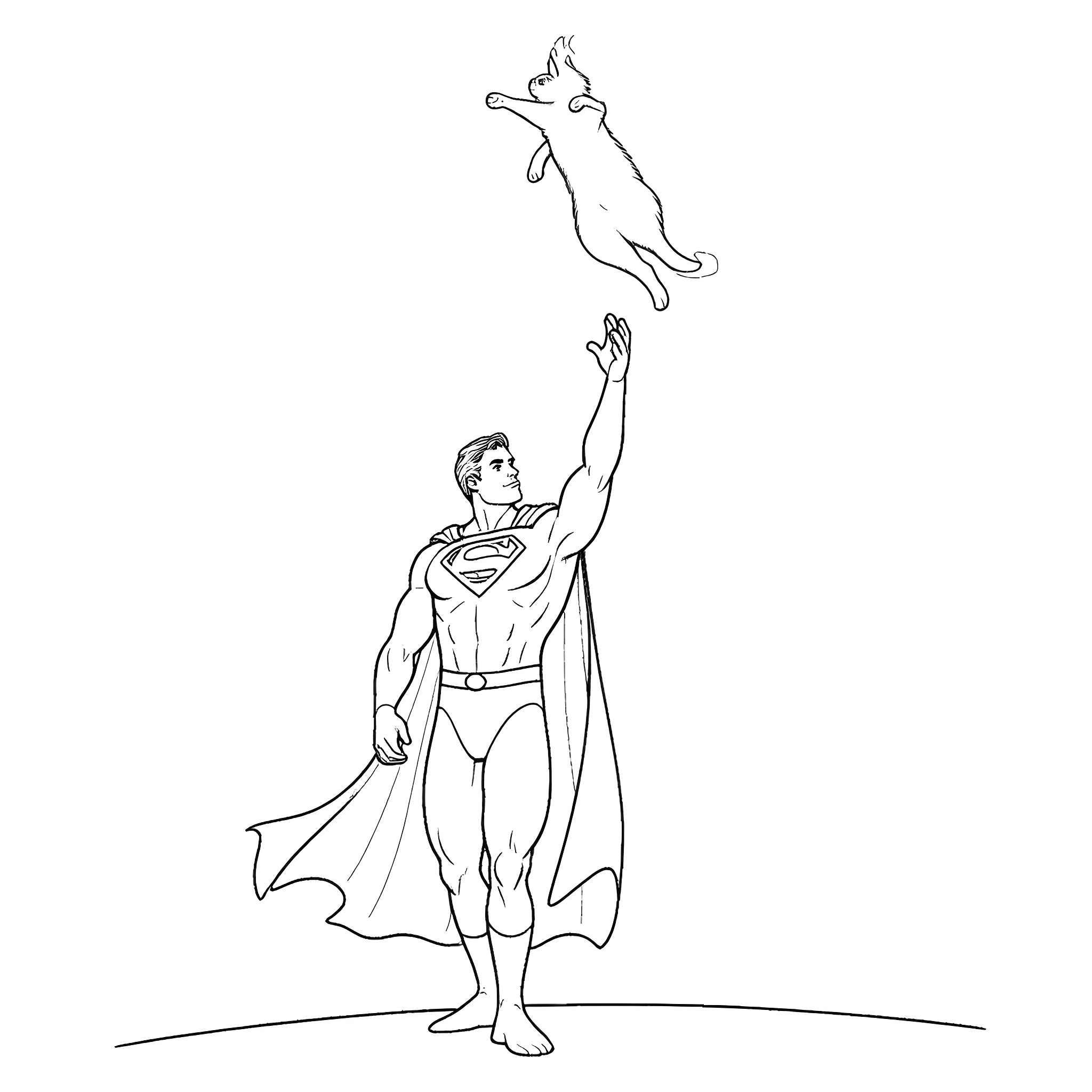 Superman rescuing a playful cat Coloring Page (free black-and-white line drawing printable PDF for all, from beginners to advanced learners, including children, teens, adults, and seniors)
