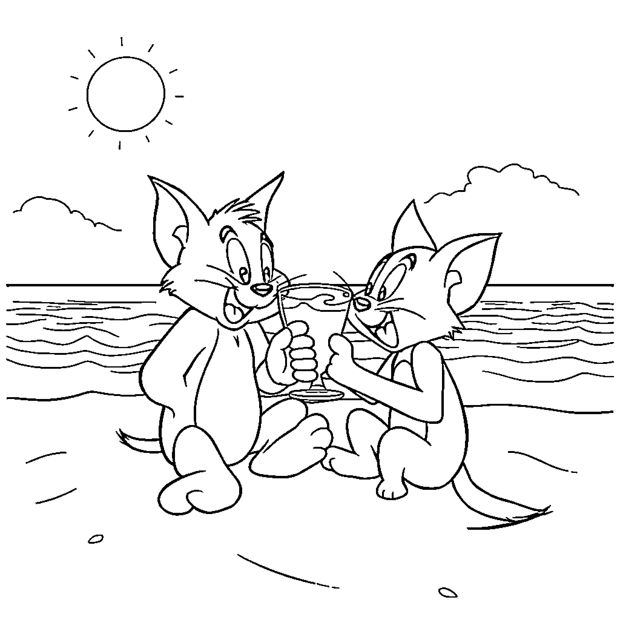 Tom and Jerry's Beachside Adventure Coloring Page (free black-and-white line drawing printable PDF for all, from beginners to advanced learners, including children, teens, adults, and seniors)
