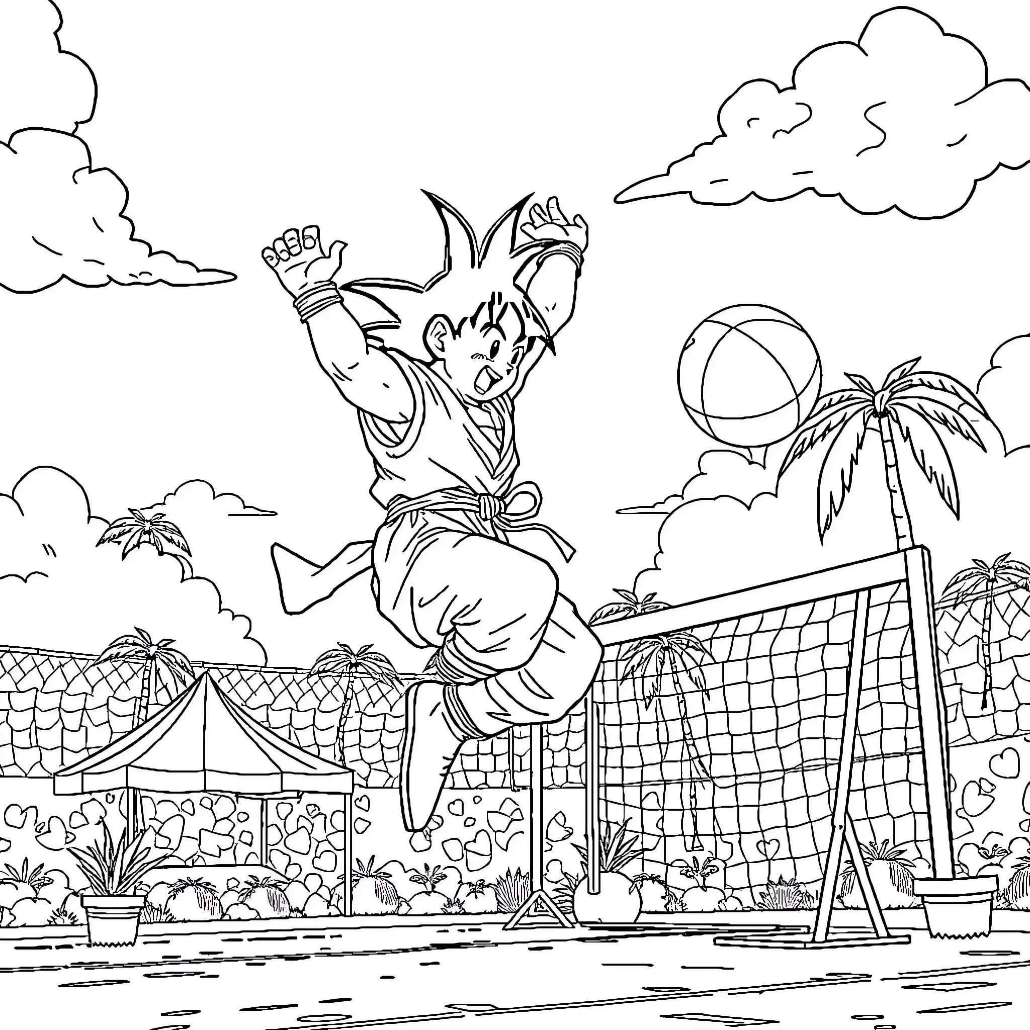 Goku engaging in playful volleyball game on a tropical beach Coloring Page (free black-and-white line drawing printable PDF for all, from beginners to advanced learners, including children, teens, adults, and seniors)