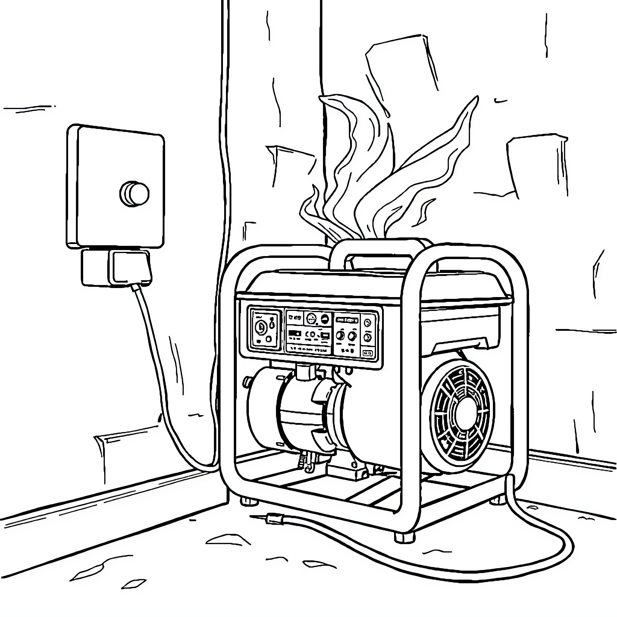 Generator powering up in emergency situation Coloring Page (free black-and-white line drawing printable PDF for all, from beginners to advanced learners, including children, teens, adults, and seniors)