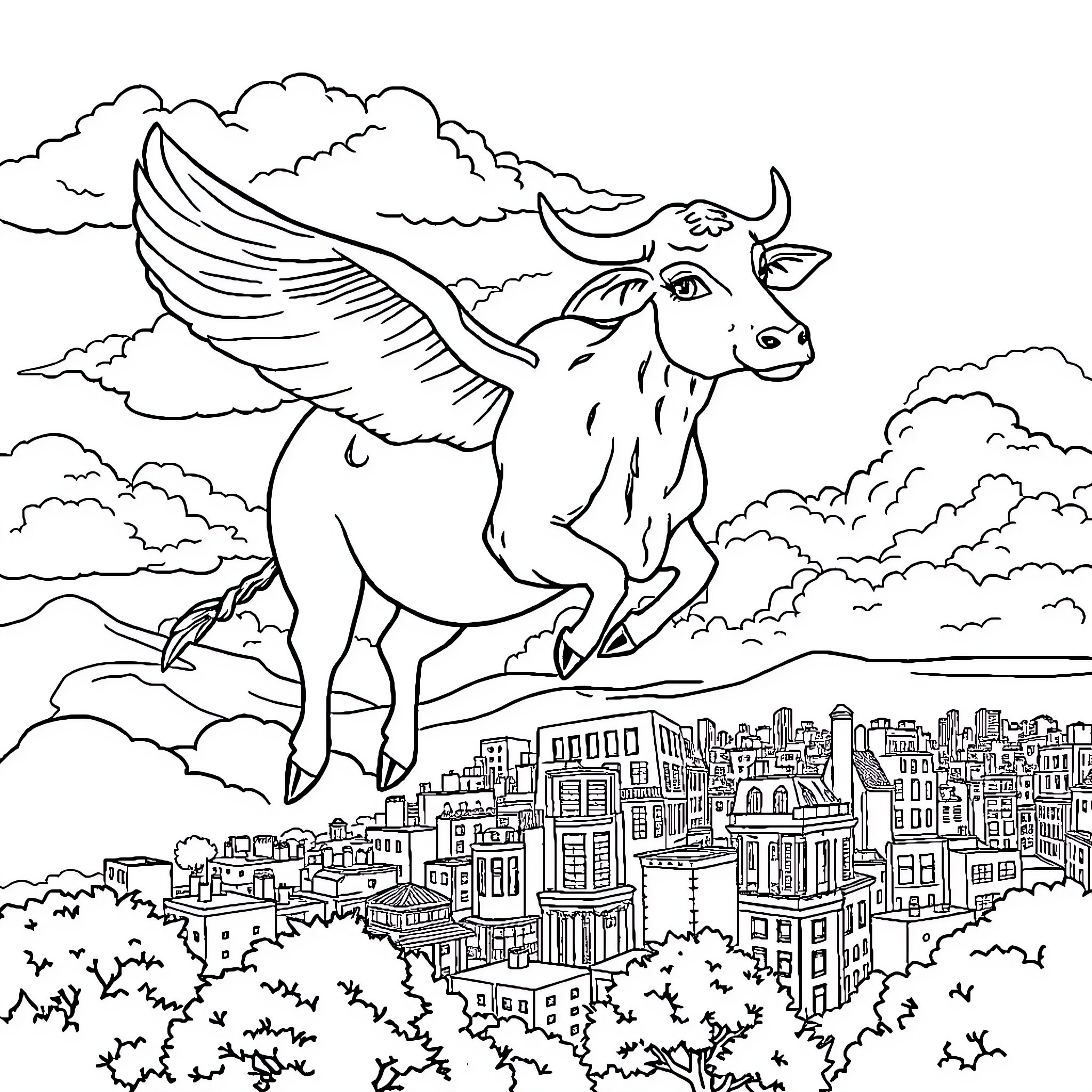 Cow with wings soaring over cityscape Coloring Page (free black-and-white line drawing printable PDF for all, from beginners to advanced learners, including children, teens, adults, and seniors)