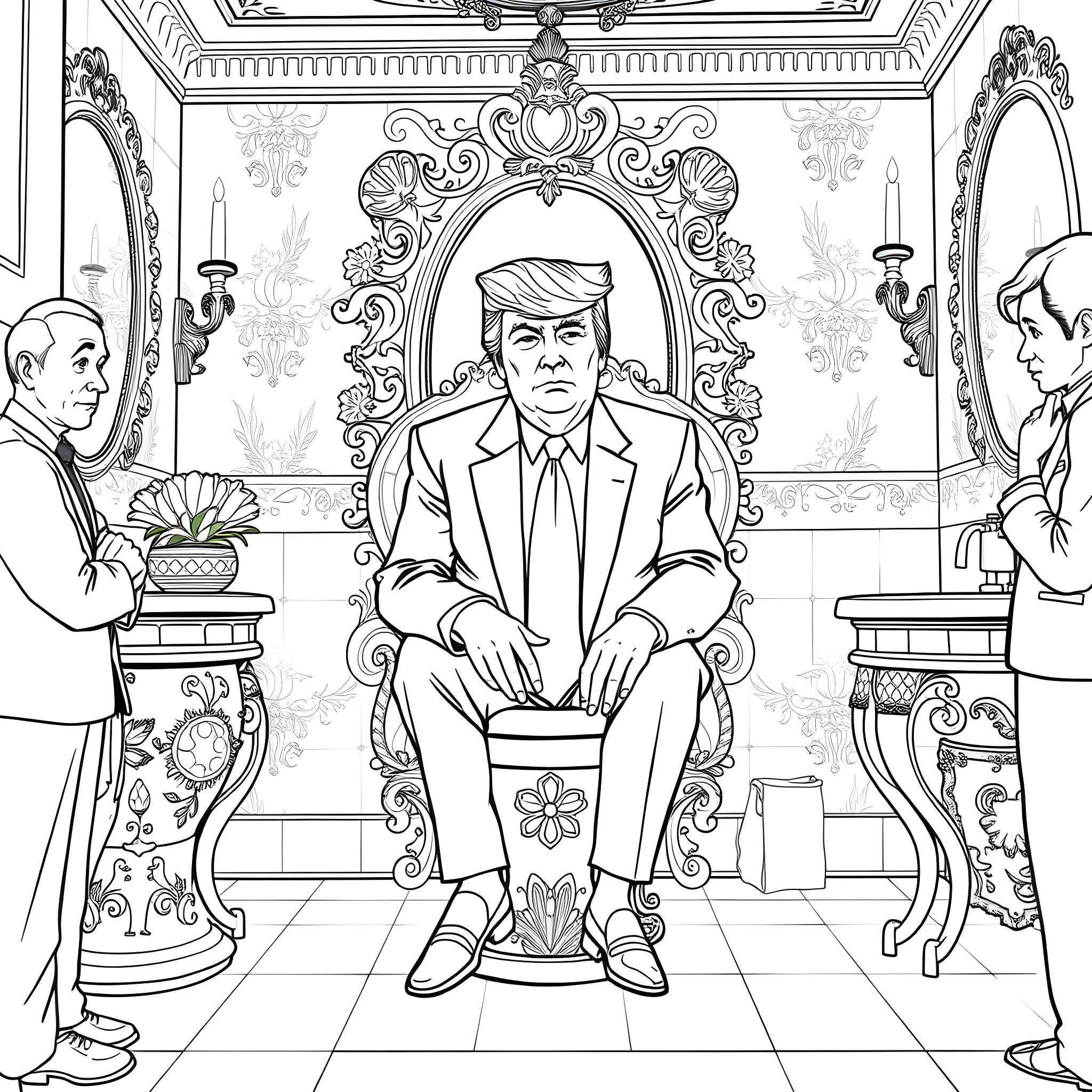 Donald Trump seated on an ornate throne Coloring Page (free black-and-white line drawing printable PDF for all, from beginners to advanced learners, including children, teens, adults, and seniors)