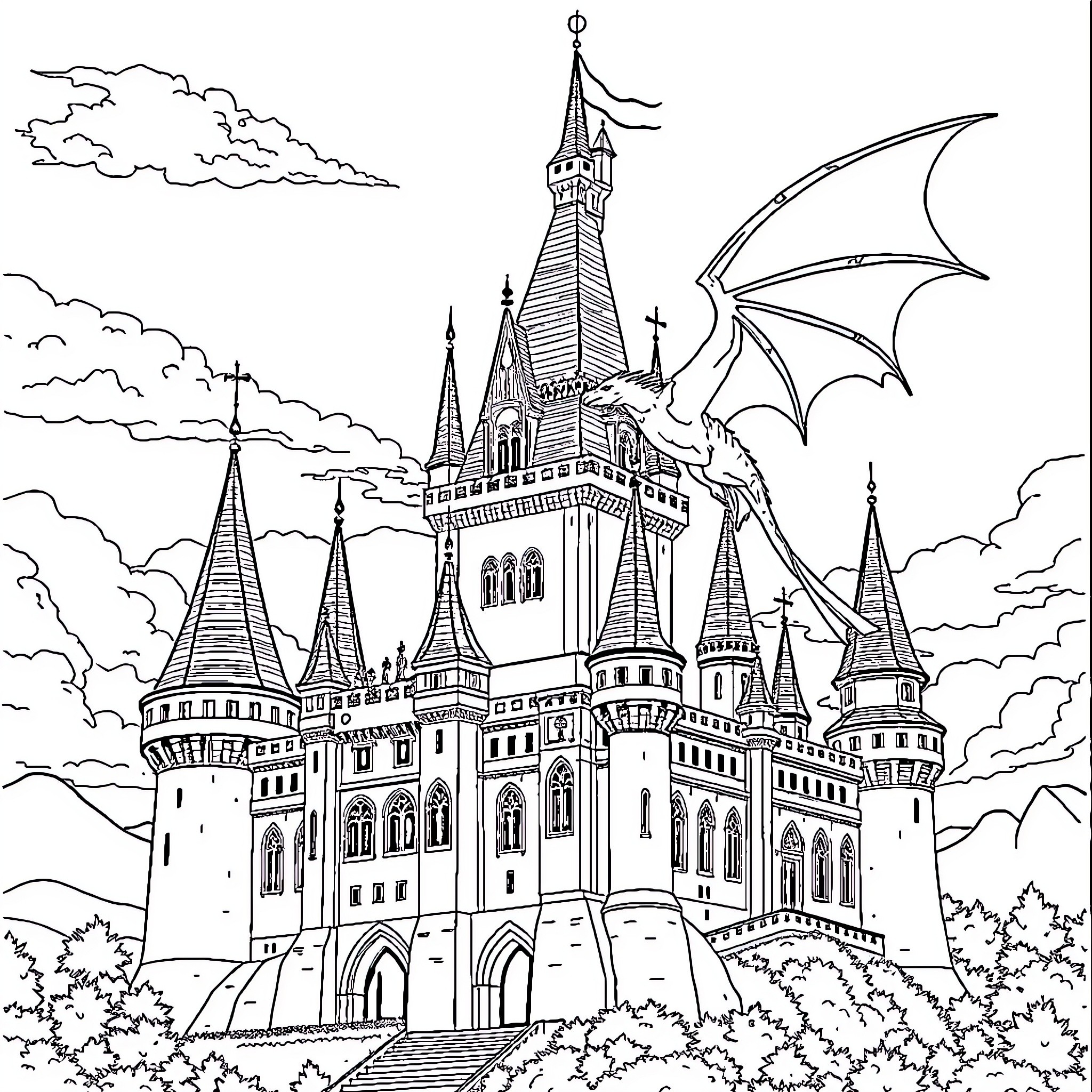 Castle of majestic towers and a dragon-like creature Coloring Page (free black-and-white line drawing printable PDF for all, from beginners to advanced learners, including children, teens, adults, and seniors)