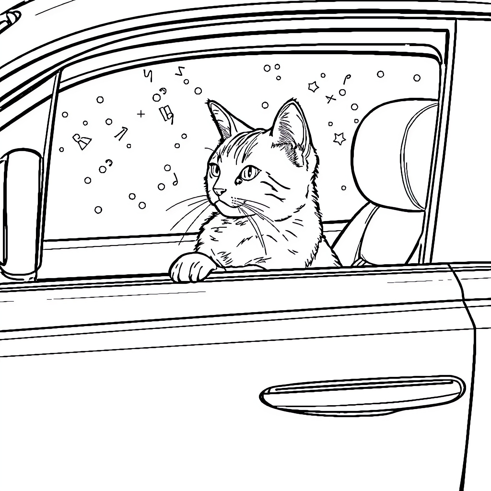 Cat riding in car at night Coloring Page (free black-and-white line drawing printable PDF for all, from beginners to advanced learners, including children, teens, adults, and seniors)