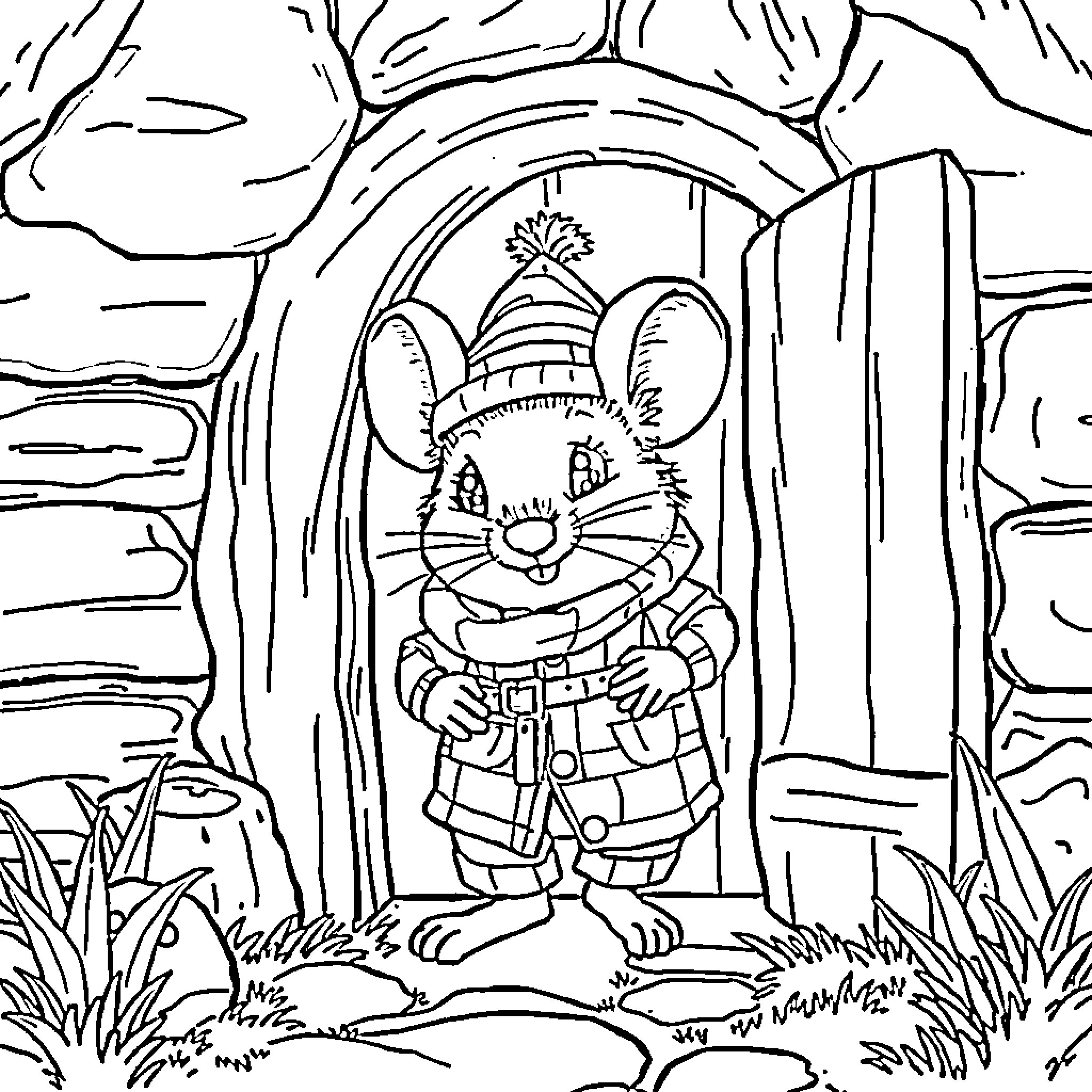 Mouse exploring a cozy winter hideaway Coloring Page (free black-and-white line drawing printable PDF for all, from beginners to advanced learners, including children, teens, adults, and seniors)
