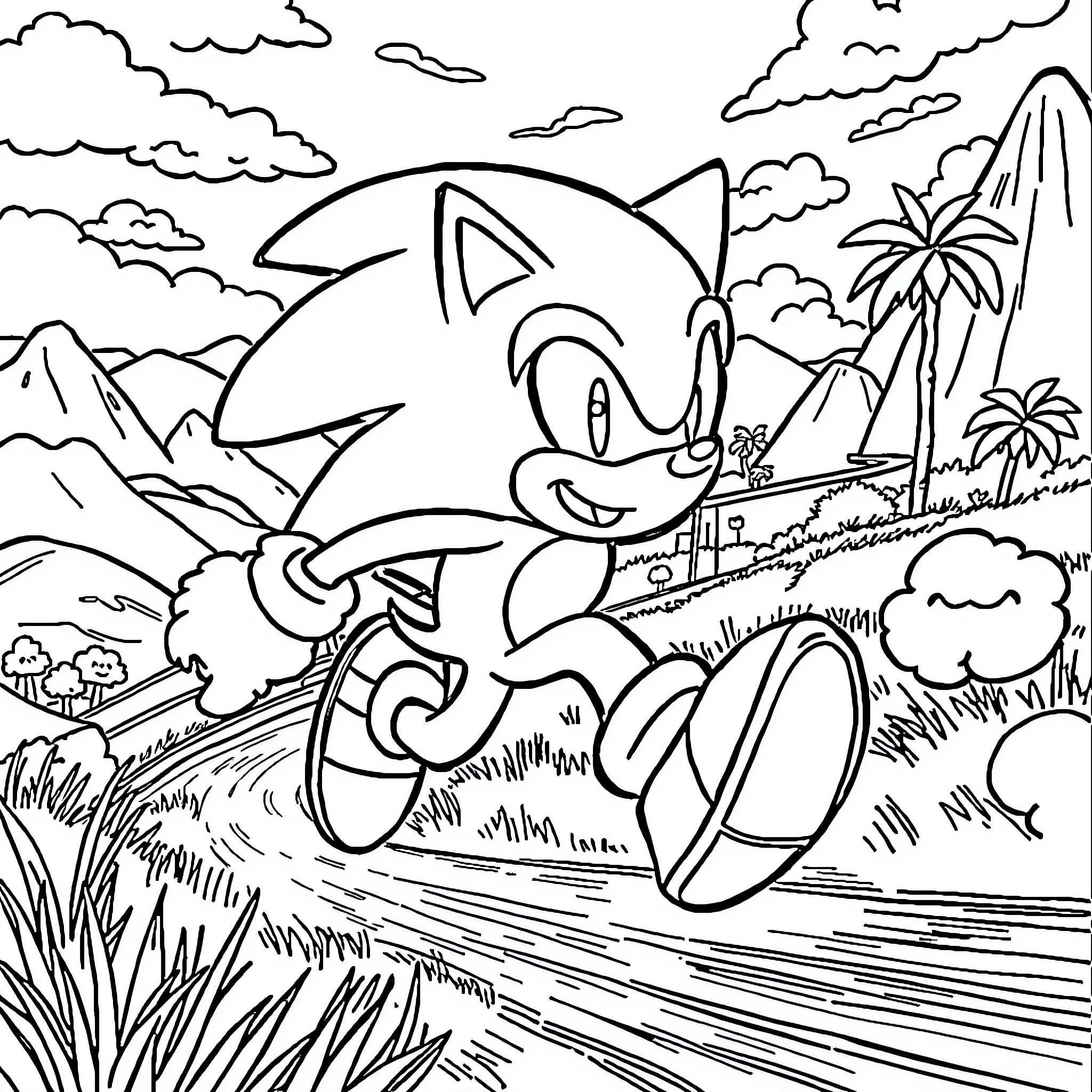 Sonic Running Through Tropical Landscape Coloring Page (free black-and-white line drawing printable PDF for all, from beginners to advanced learners, including children, teens, adults, and seniors)