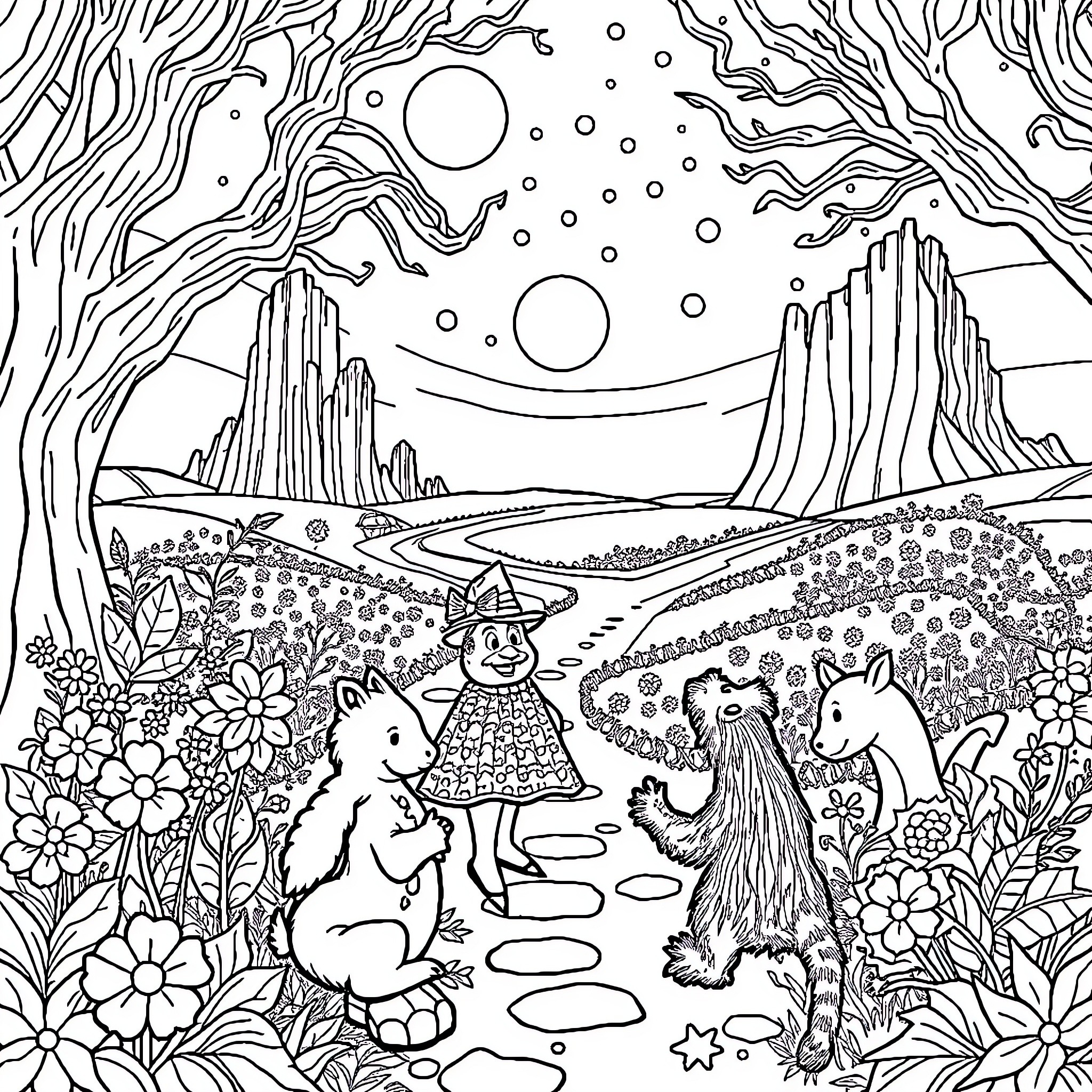 Wizard and mystical creatures in enchanted landscape Coloring Page (free black-and-white line drawing printable PDF for all, from beginners to advanced learners, including children, teens, adults, and seniors)