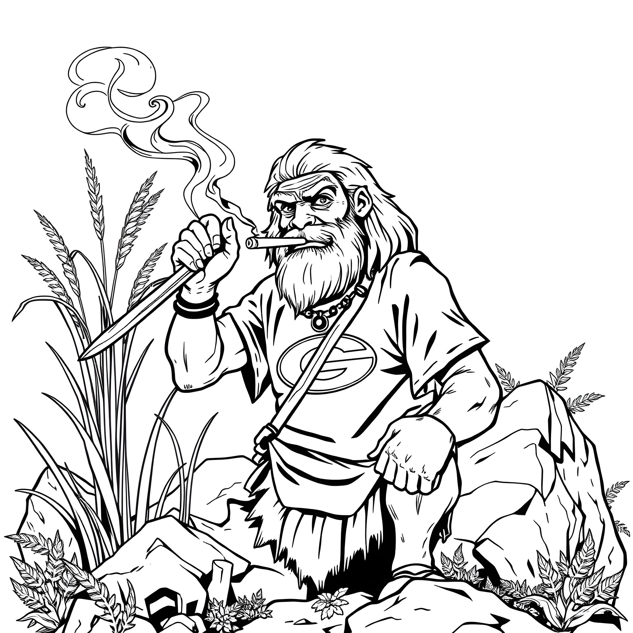 Cave Man Smoking Pipe in Outdoor Wilderness Coloring Page (free black-and-white line drawing printable PDF for all, from beginners to advanced learners, including children, teens, adults, and seniors)