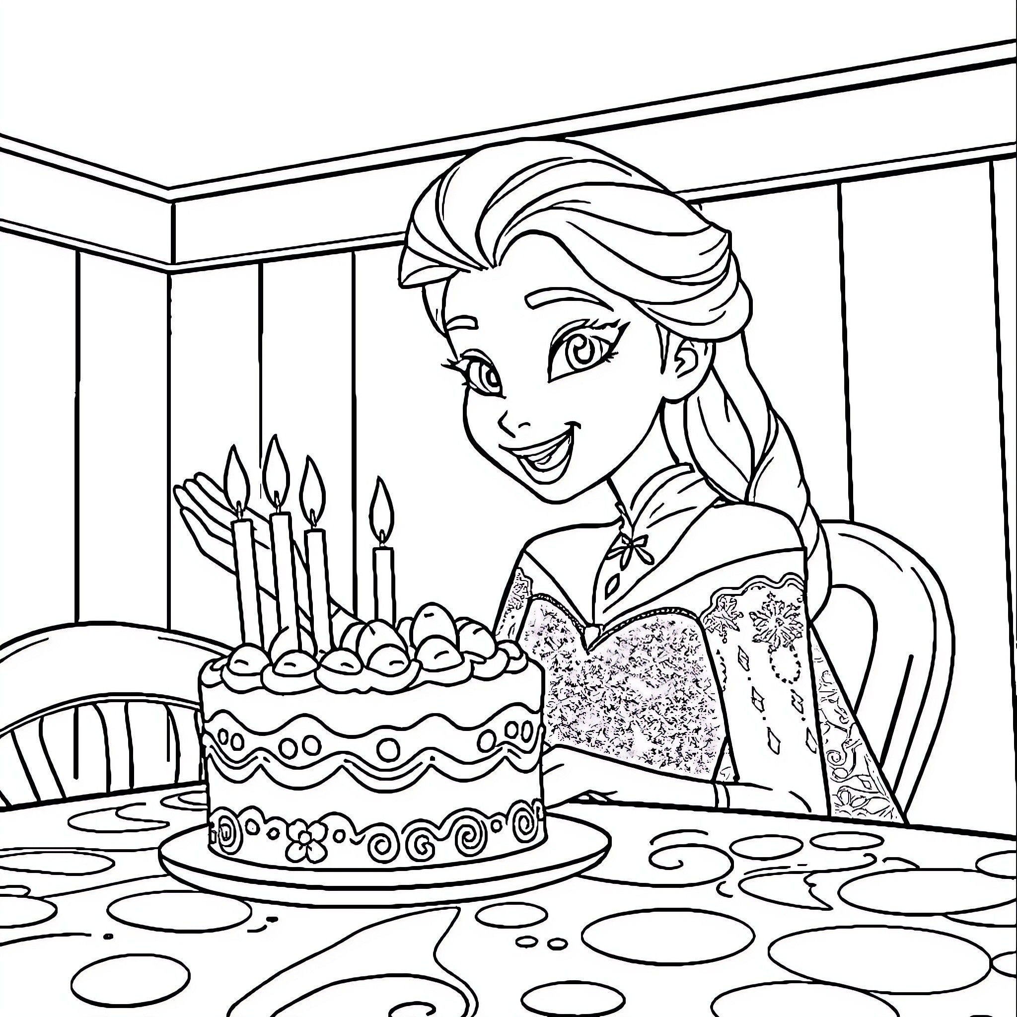 Elsa Celebrates Birthday with Cake and Joy Coloring Page (free black-and-white line drawing printable PDF for all, from beginners to advanced learners, including children, teens, adults, and seniors)