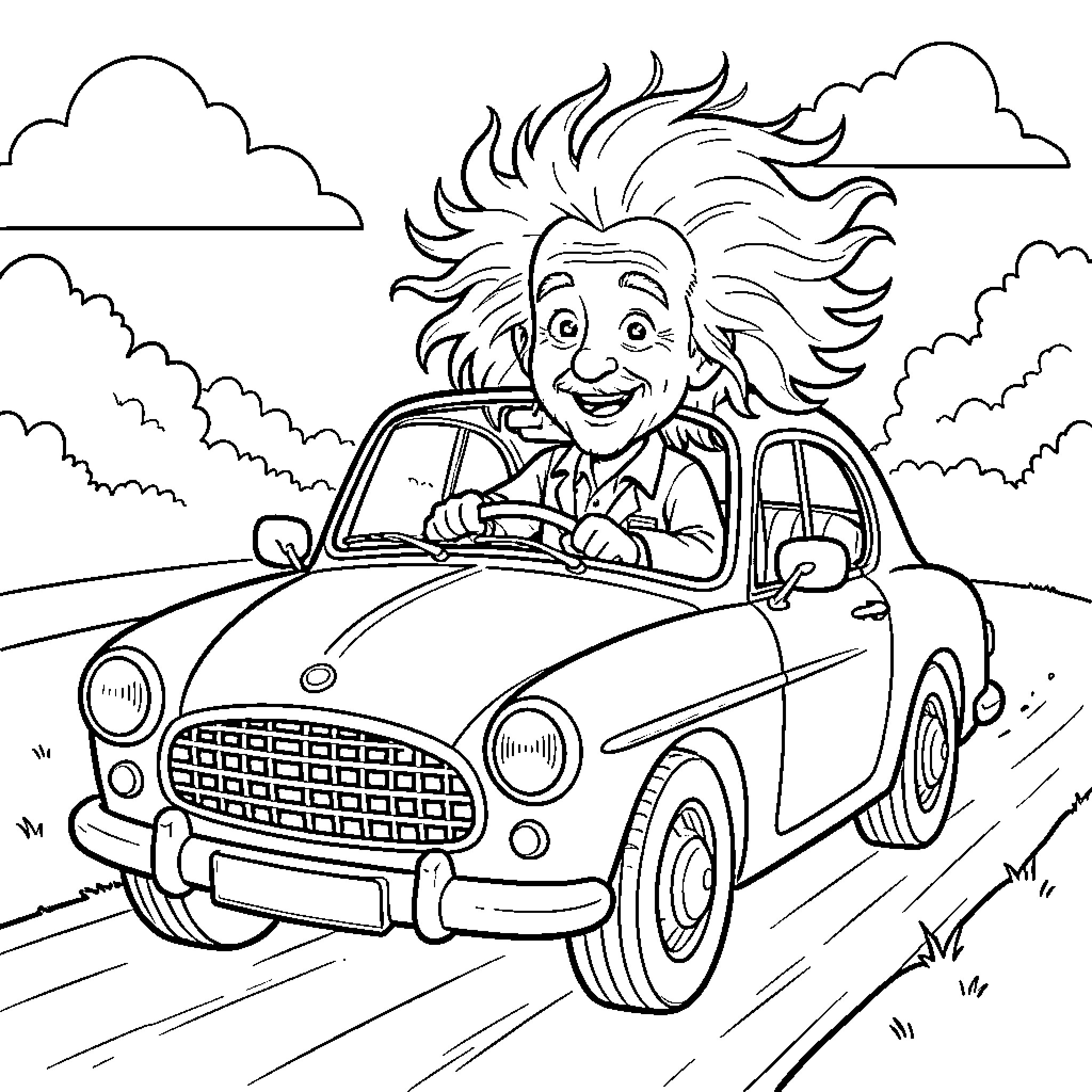 Albert Einstein driving a vintage car excitedly Coloring Page (free black-and-white line drawing printable PDF for all, from beginners to advanced learners, including children, teens, adults, and seniors)