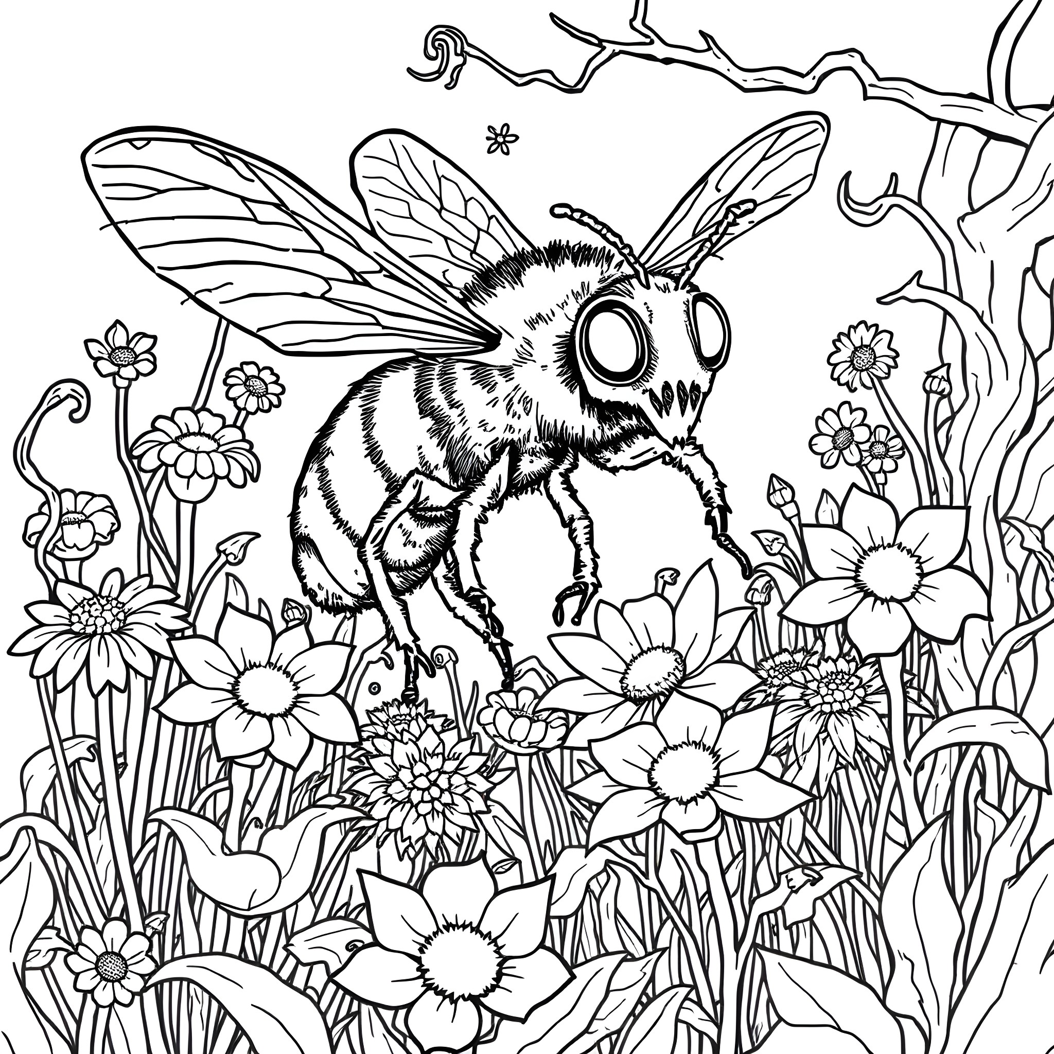 Zombie Bee Surrounded by Creepy Flowers and Branches Coloring Page (free black-and-white line drawing printable PDF for all, from beginners to advanced learners, including children, teens, adults, and seniors)