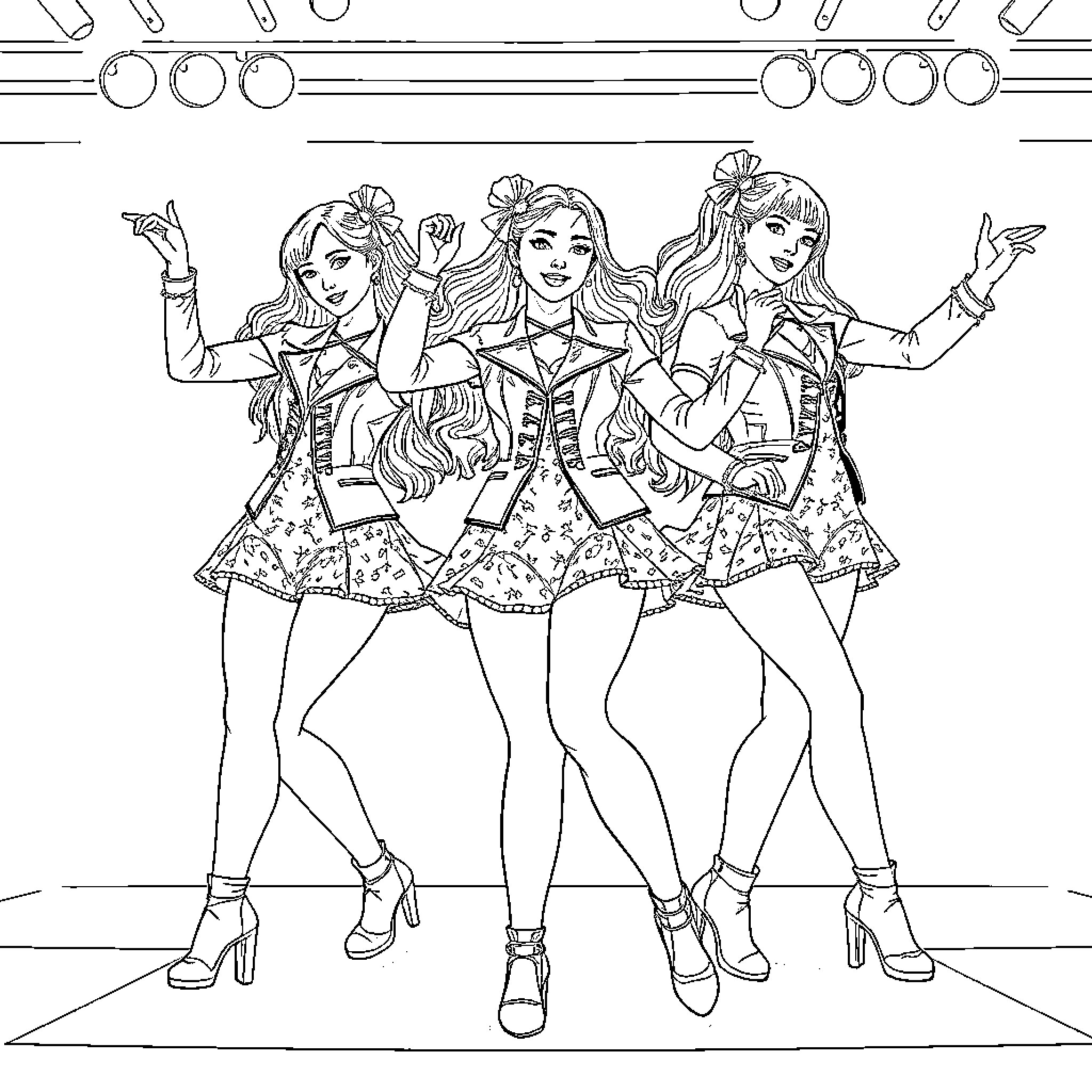 Guerrera Trio's Fabulous Fashion Showcase Coloring Page (free black-and-white line drawing printable PDF for all, from beginners to advanced learners, including children, teens, adults, and seniors)