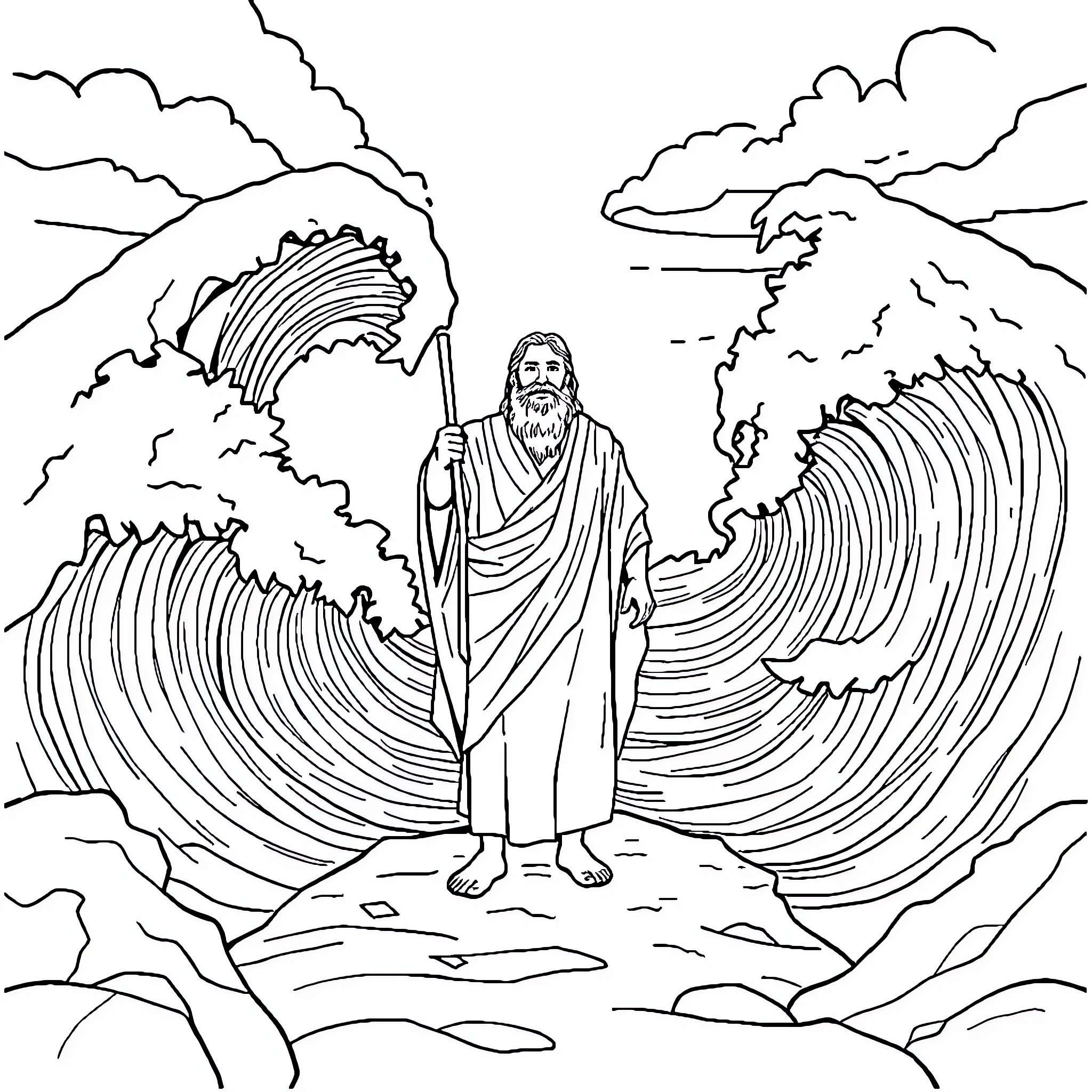 Moses Parting the Waves in a Dramatic Scene Coloring Page (free black-and-white line drawing printable PDF for all, from beginners to advanced learners, including children, teens, adults, and seniors)