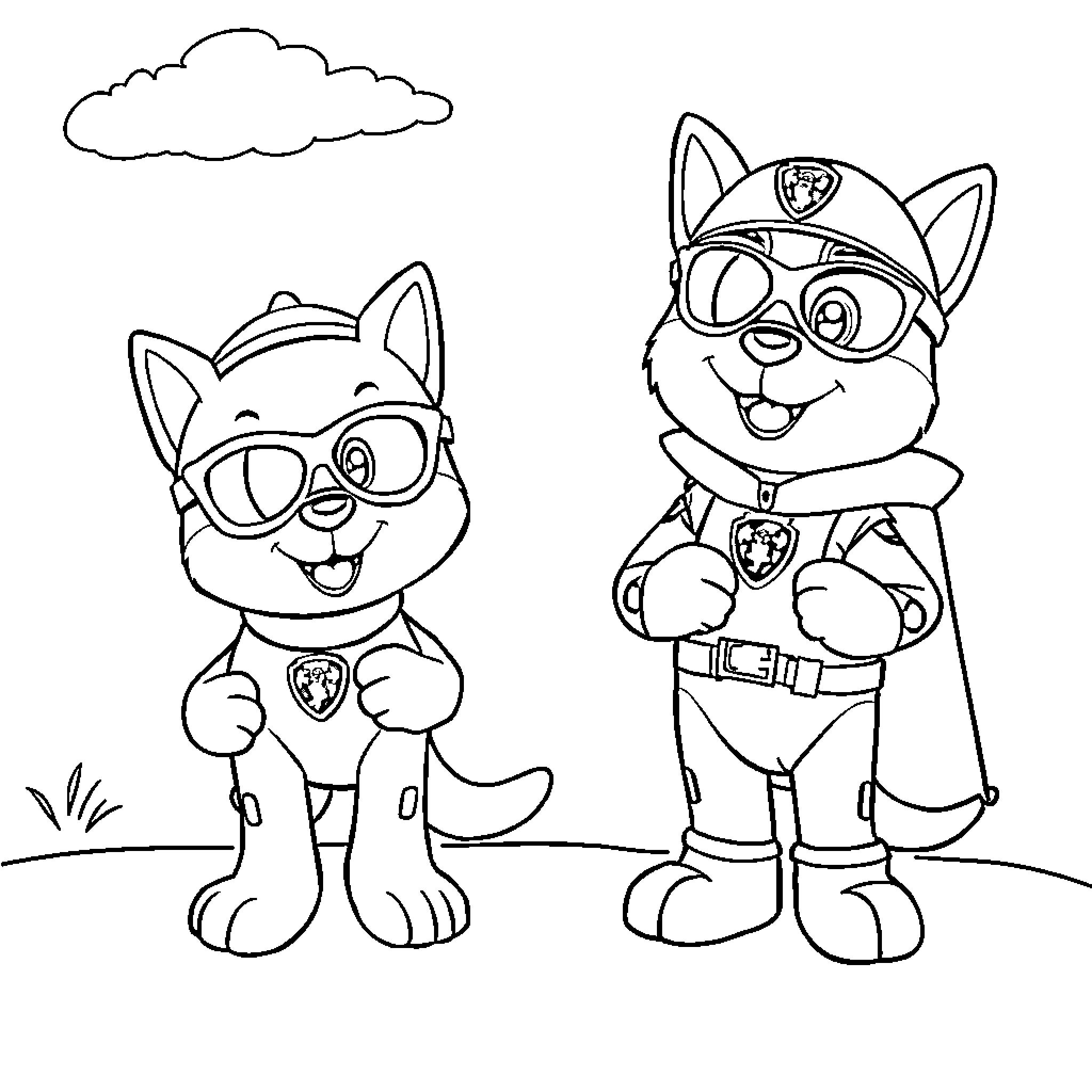 Patrouille of cheerful rescue pups in uniform Coloring Page (free black-and-white line drawing printable PDF for all, from beginners to advanced learners, including children, teens, adults, and seniors)