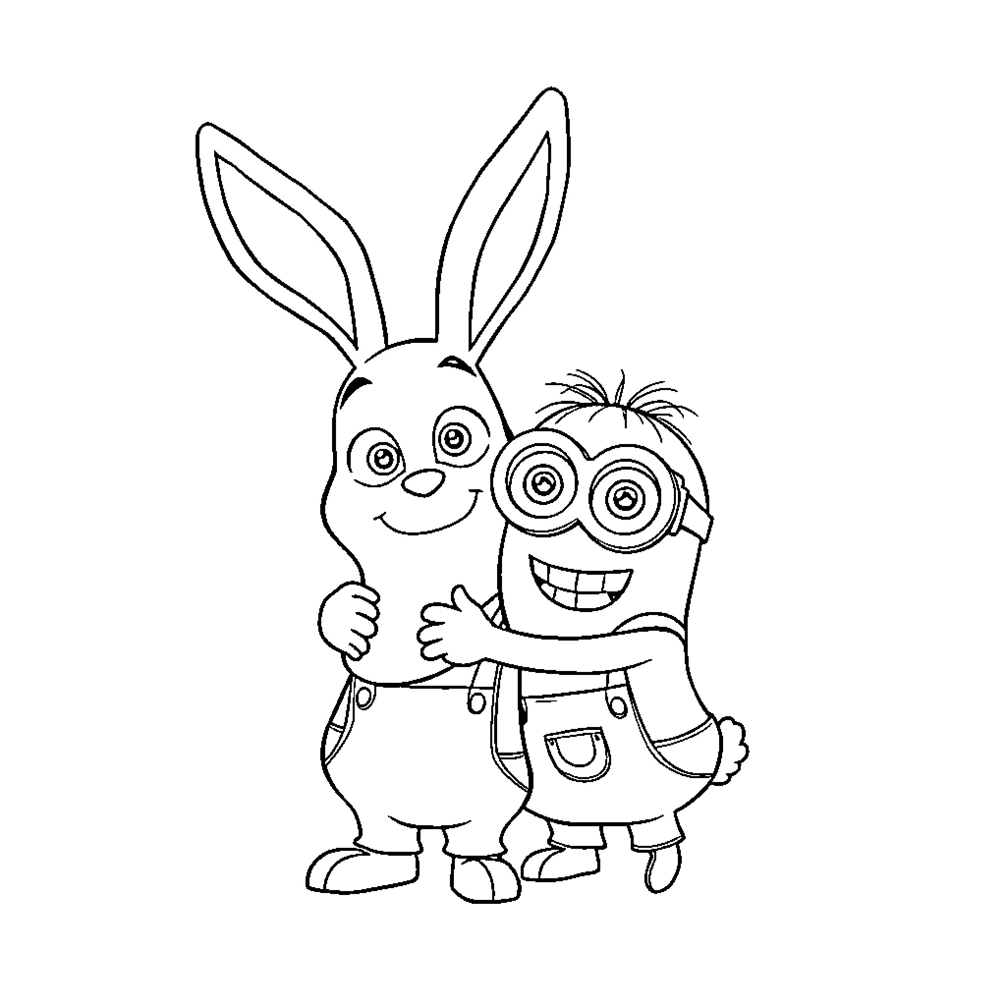 Rabbid and Minion Pair in Playful Embrace Coloring Page (free black-and-white line drawing printable PDF for all, from beginners to advanced learners, including children, teens, adults, and seniors)