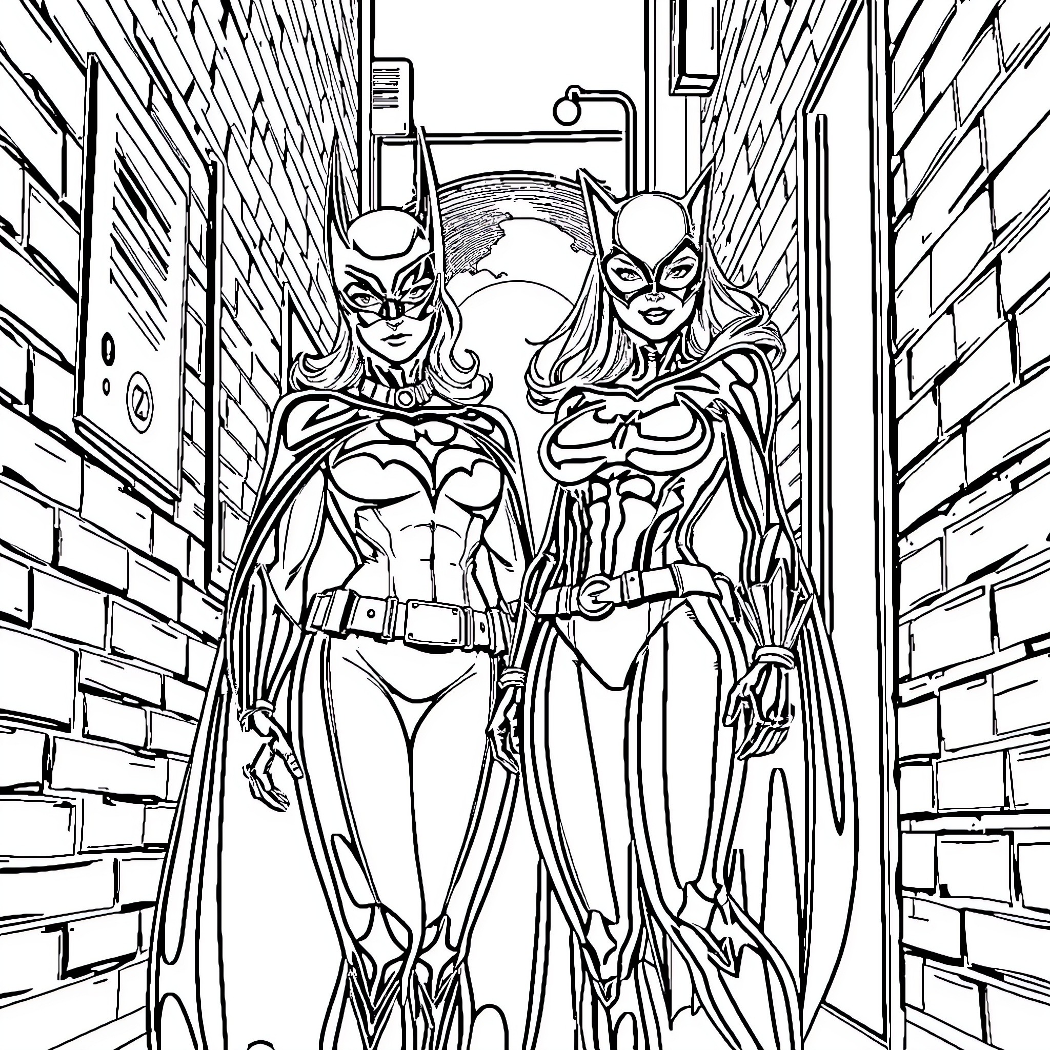 Batwoman and Batgirl in Action Coloring Page (free black-and-white line drawing printable PDF for all, from beginners to advanced learners, including children, teens, adults, and seniors)