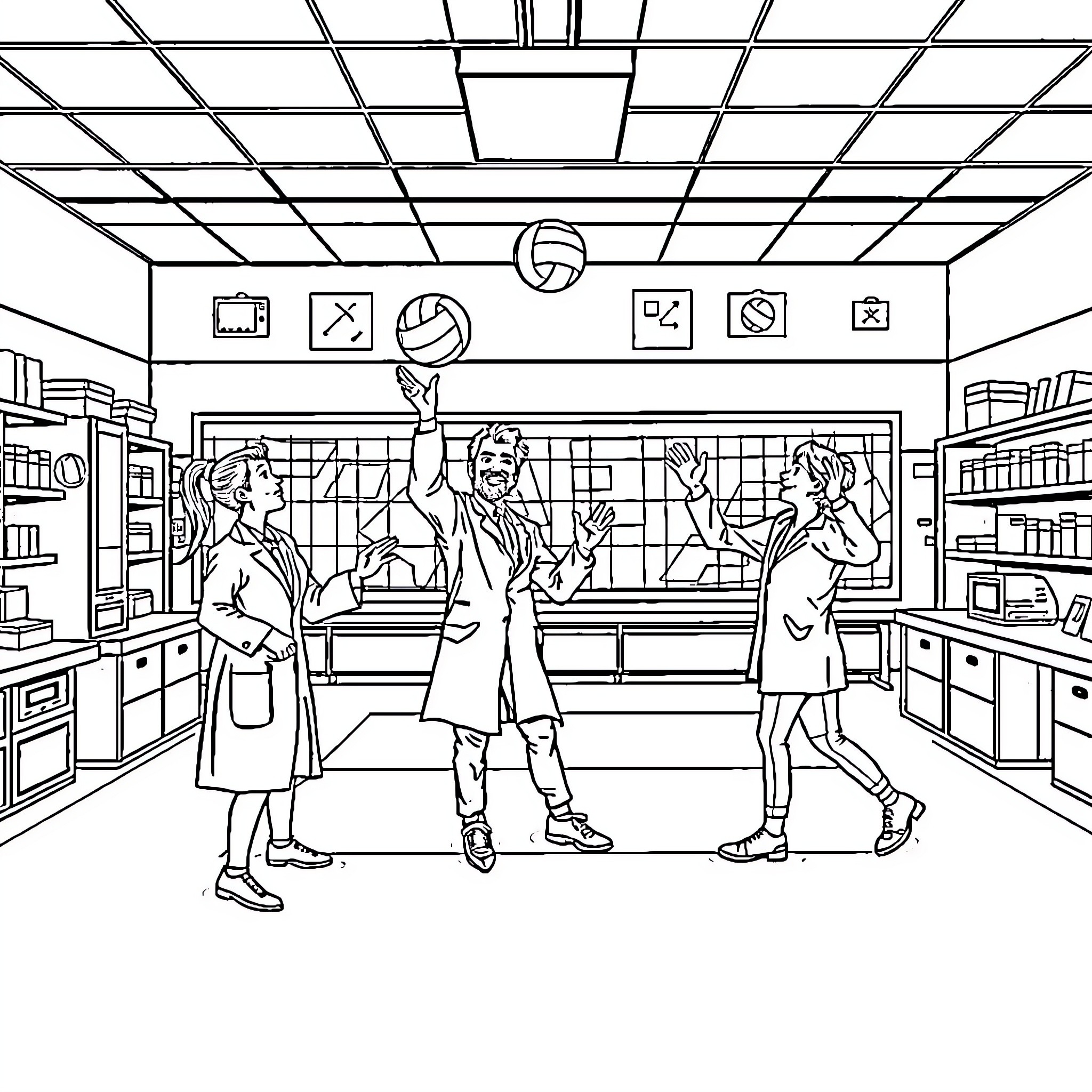 Lab Activities with Students in Science Classroom Coloring Page (free black-and-white line drawing printable PDF for all, from beginners to advanced learners, including children, teens, adults, and seniors)