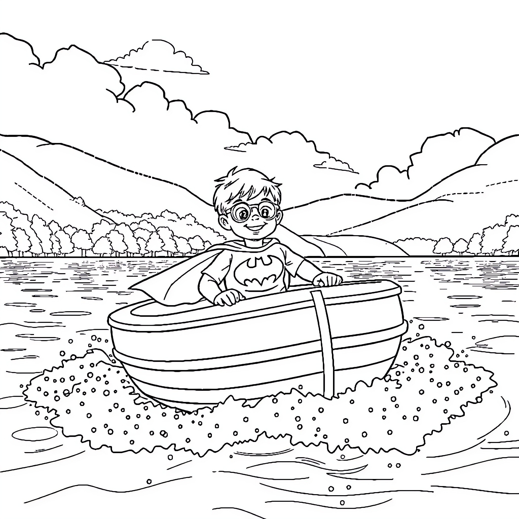 Boy exploring the lake in a small boat Coloring Page (free black-and-white line drawing printable PDF for all, from beginners to advanced learners, including children, teens, adults, and seniors)