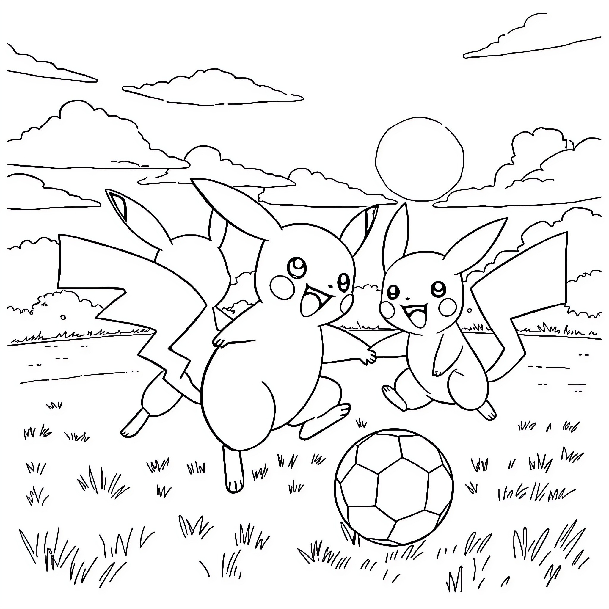 Pokémon characters playing with a soccer ball in the park Coloring Page (free black-and-white line drawing printable PDF for all, from beginners to advanced learners, including children, teens, adults, and seniors)