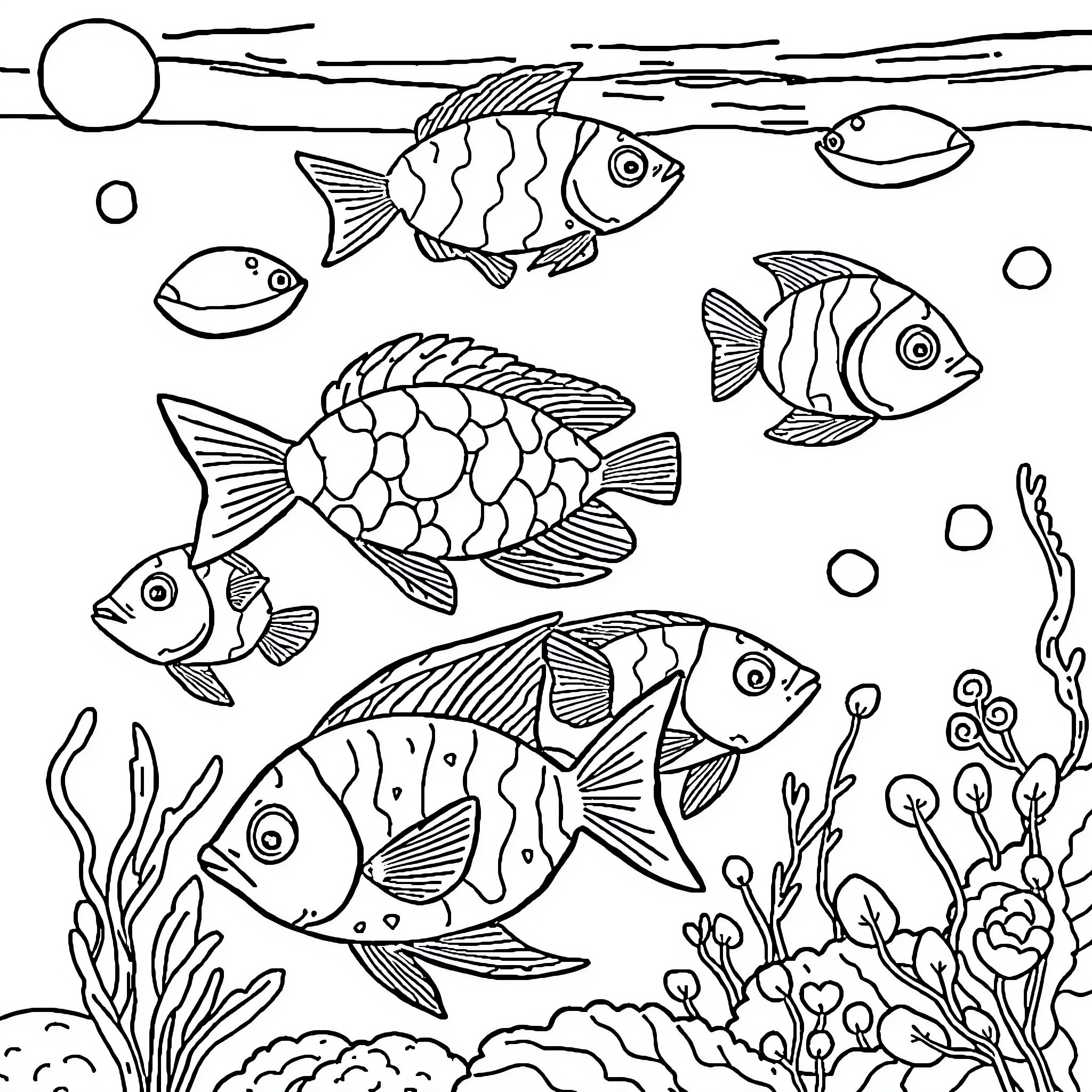 Fish swimming in an underwater scene Coloring Page (free black-and-white line drawing printable PDF for all, from beginners to advanced learners, including children, teens, adults, and seniors)