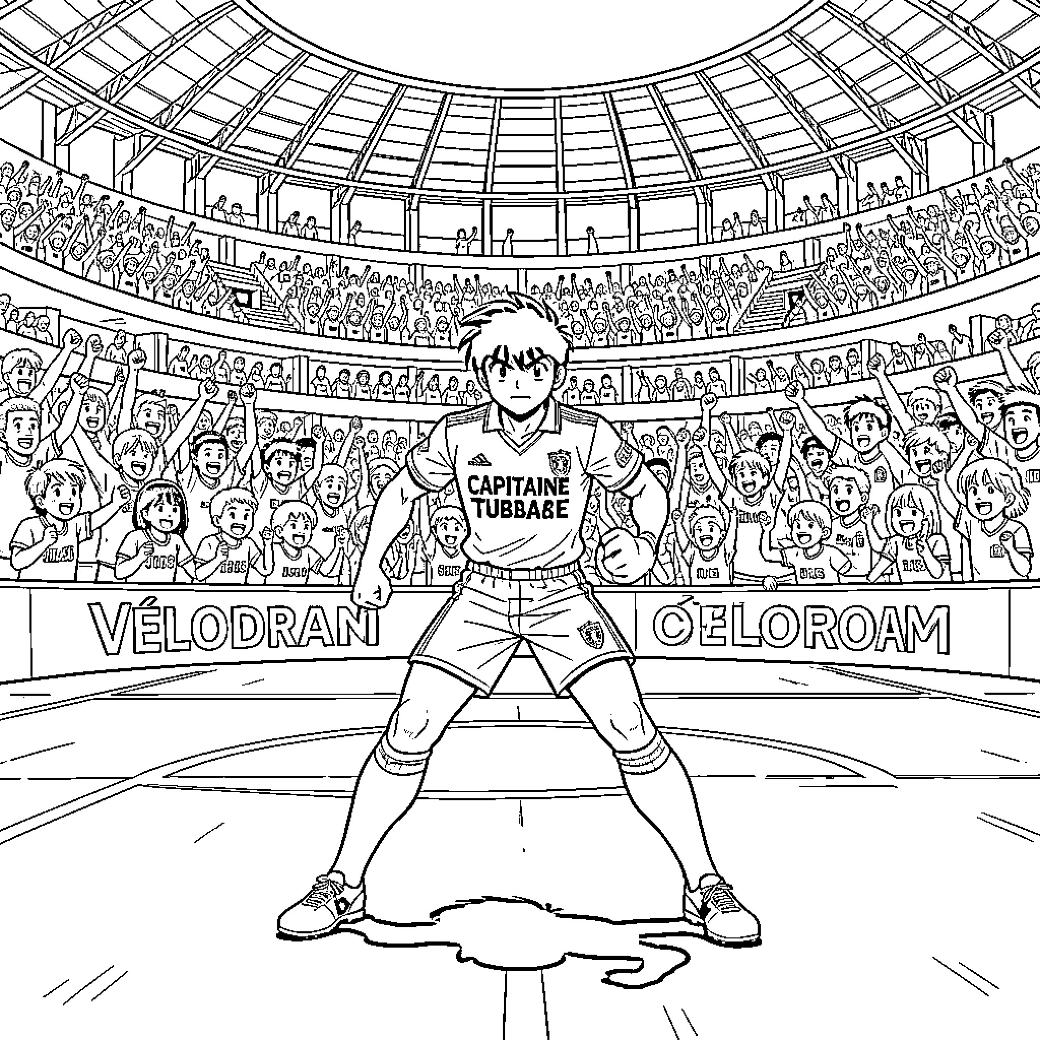 Capitaine Tsubasa standing confidently in a crowded stadium Coloring Page (free black-and-white line drawing printable PDF for all, from beginners to advanced learners, including children, teens, adults, and seniors)