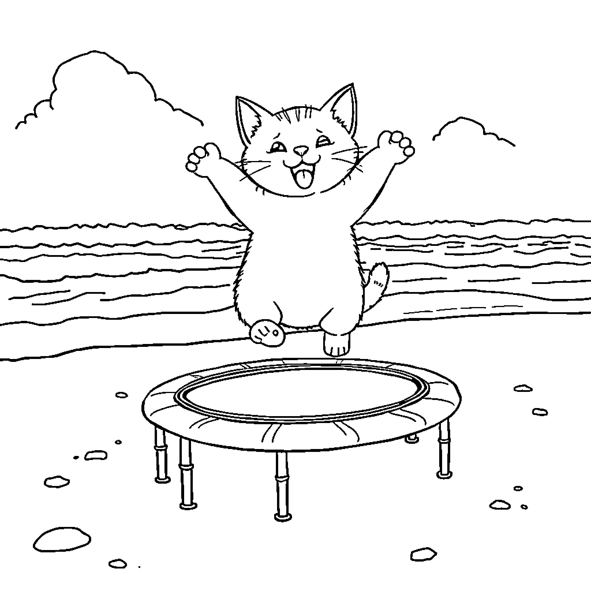 Cat jumping on trampoline by the beach Coloring Page (free black-and-white line drawing printable PDF for all, from beginners to advanced learners, including children, teens, adults, and seniors)