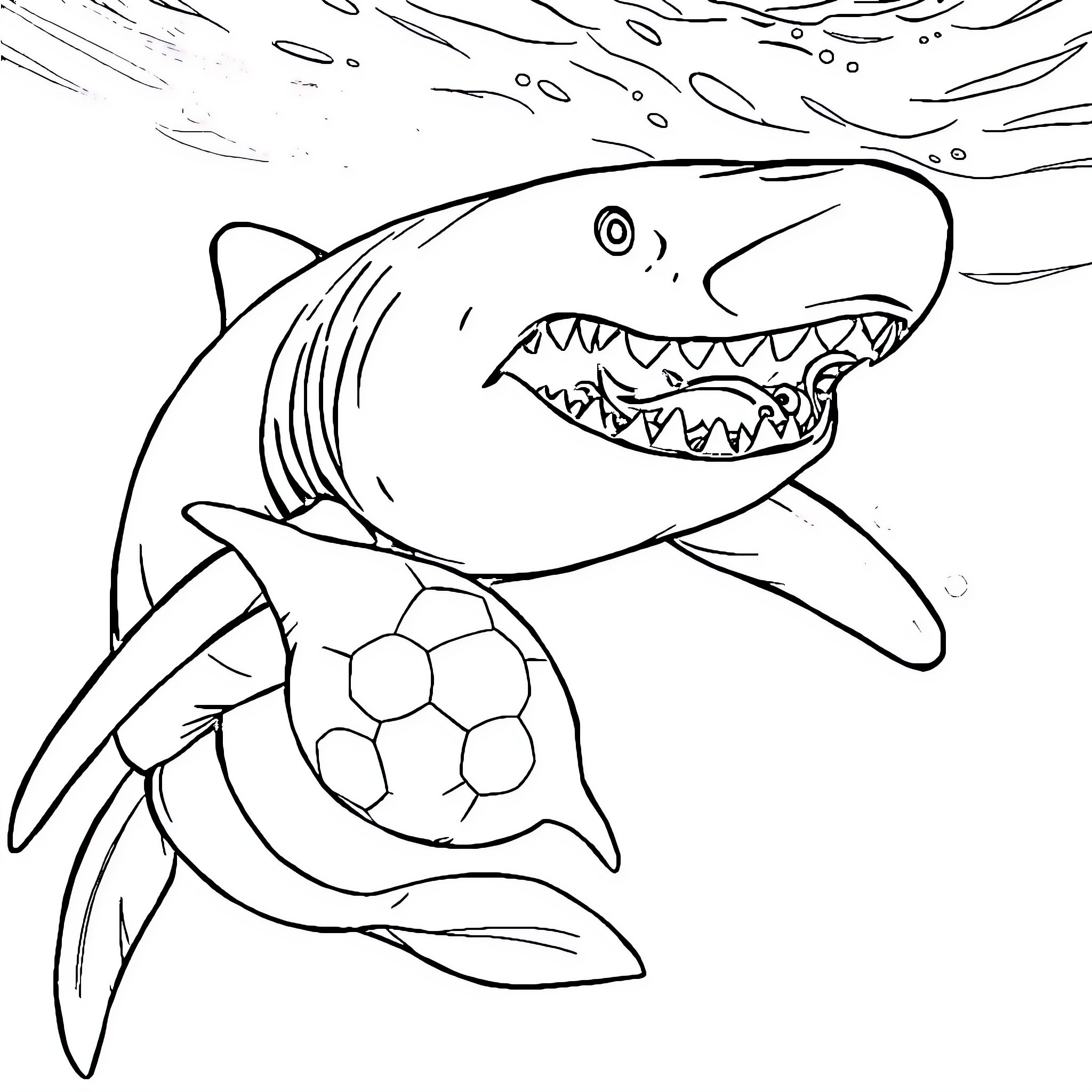 Tiburon's Ferocious Jaws Coloring Page (free black-and-white line drawing printable PDF for all, from beginners to advanced learners, including children, teens, adults, and seniors)
