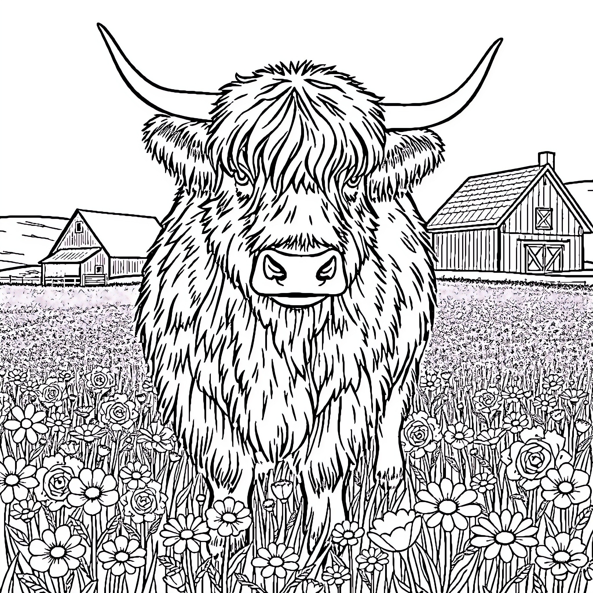 Highland Cow standing amidst a field of flowers Coloring Page (free black-and-white line drawing printable PDF for all, from beginners to advanced learners, including children, teens, adults, and seniors)