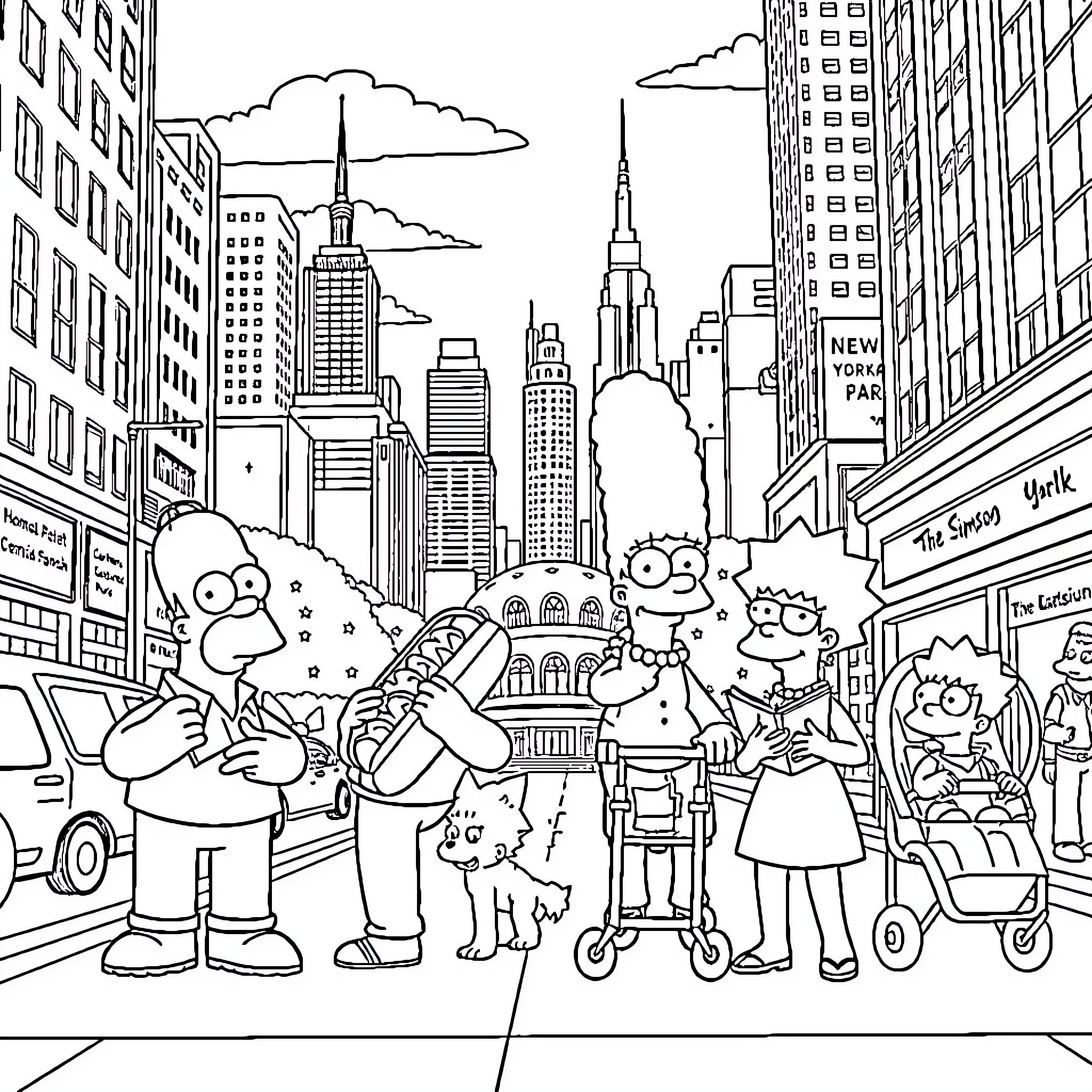 Simpson Family Exploring the Lively New York City Coloring Page (free black-and-white line drawing printable PDF for all, from beginners to advanced learners, including children, teens, adults, and seniors)