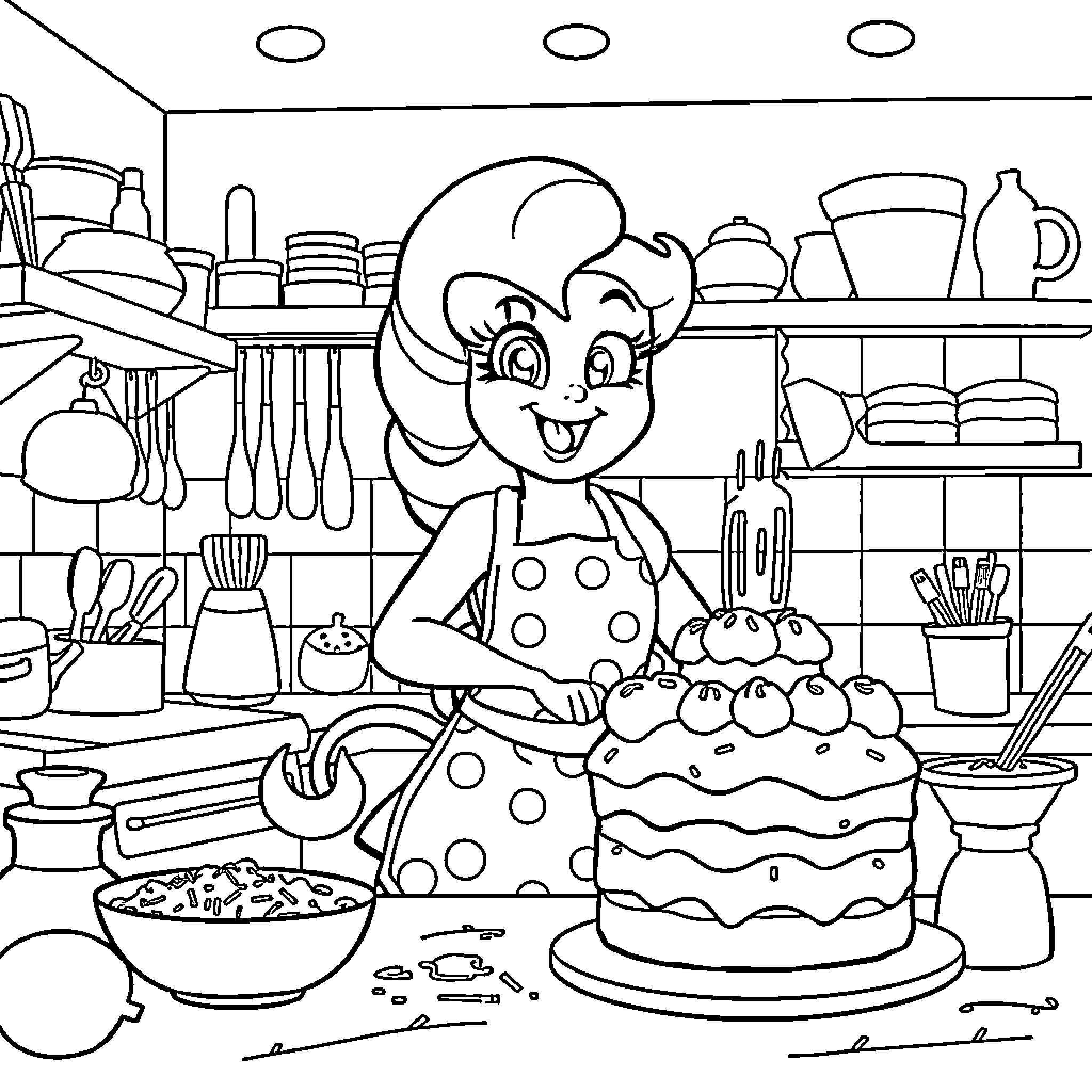 Pinky Pie baking a cake in the kitchen Coloring Page (free black-and-white line drawing printable PDF for all, from beginners to advanced learners, including children, teens, adults, and seniors)