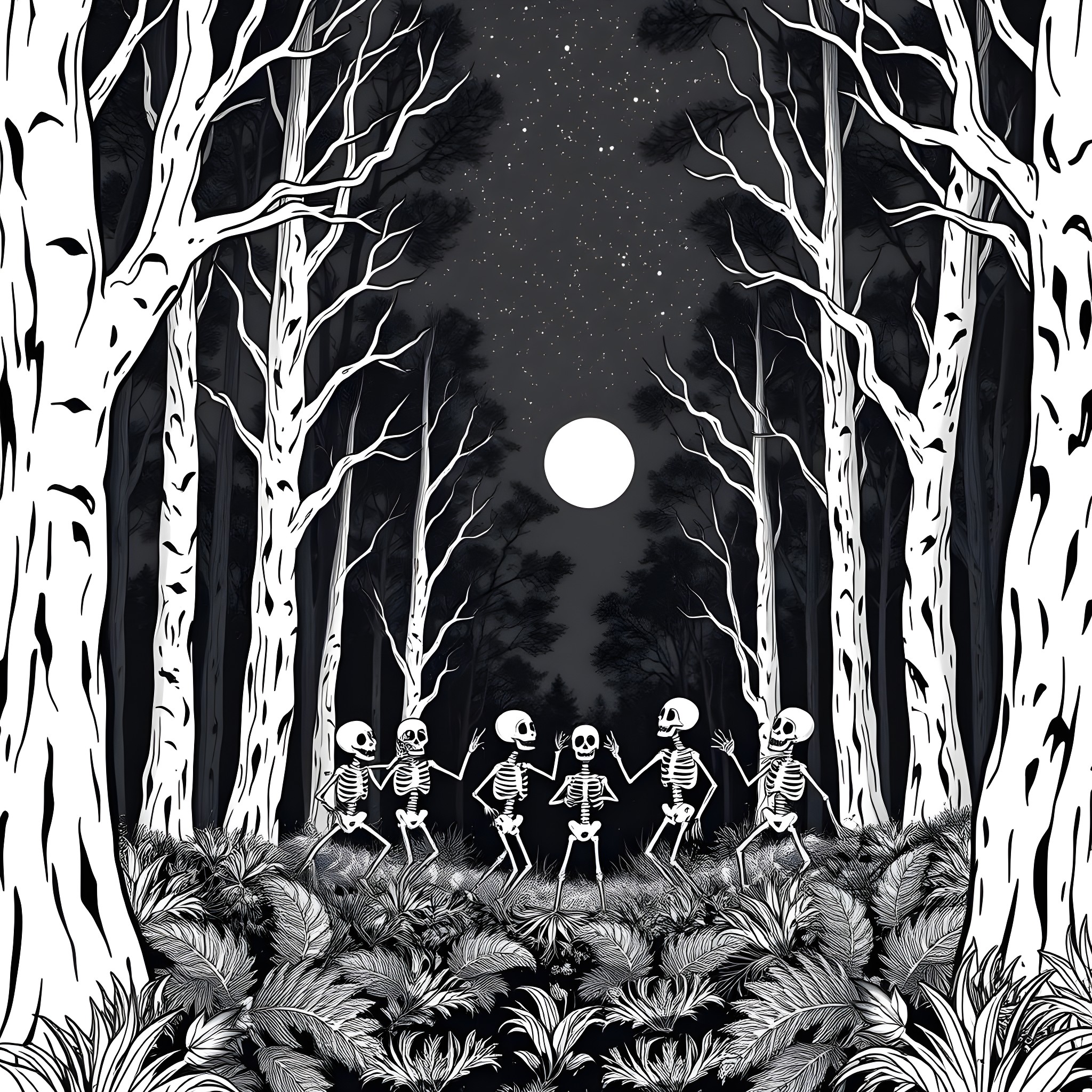 Skeleton Dancers in the Moonlit Forest Coloring Page (free black-and-white line drawing printable PDF for all, from beginners to advanced learners, including children, teens, adults, and seniors)