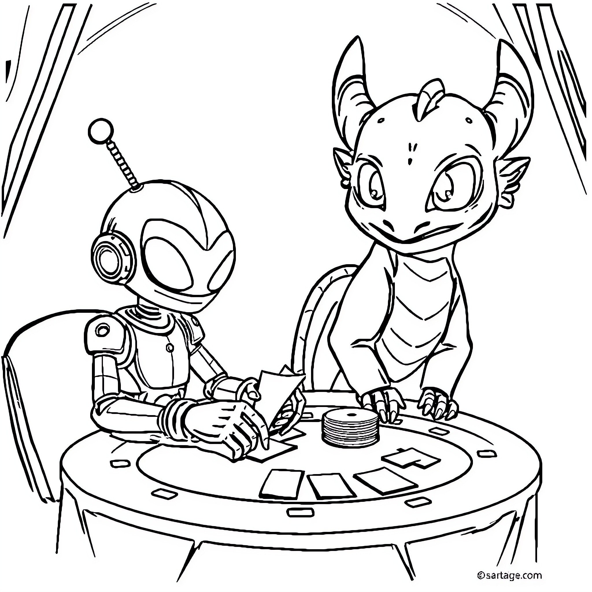 Marvin the Curious Robot and the Friendly Alien Coloring Page (free black-and-white line drawing printable PDF for all, from beginners to advanced learners, including children, teens, adults, and seniors)